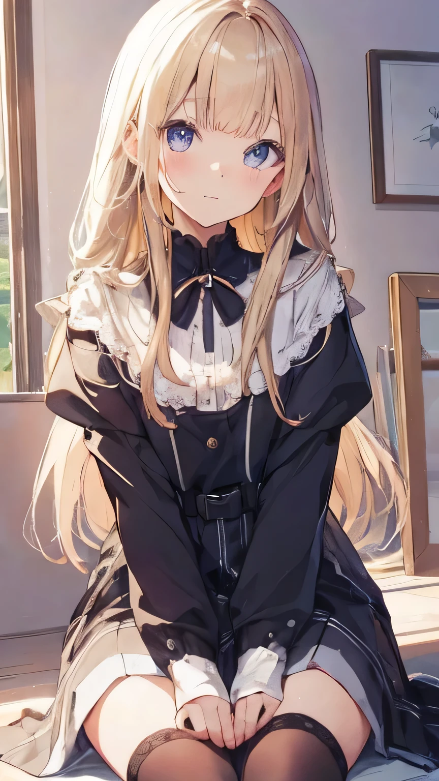 Masterpiece、Highest quality、highest quality、(((Lori)))、 ((((Petite))))、((Embarrassed))、Shiny hair quality、Small face、Sitting、Super detailed, beautiful, wide eyes、Ultra-detailed, clear and beautiful faces、(cute illustration:1.2), High-resolution, ultra-detailed, best quality, embarrassed、Cute white underwear、Thighs