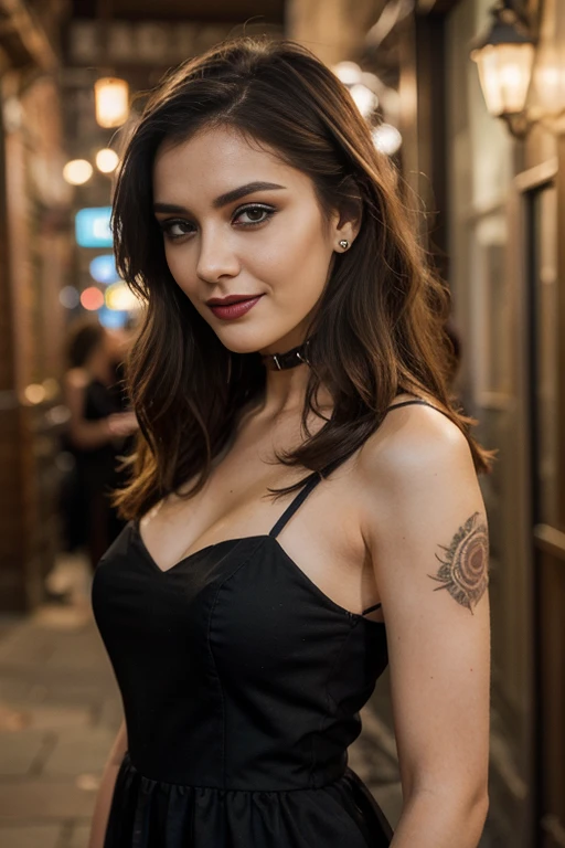 a woman, 25ear old, long brunette hairs, , textured skin, romantic smile, a lot of details, punk rock dress, black makeup