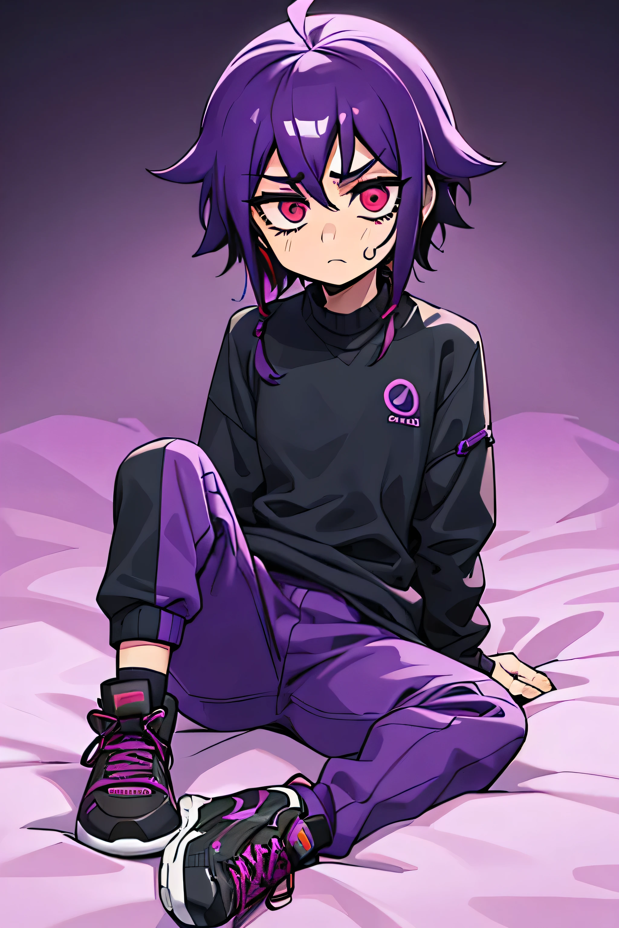 man, purple and yellow wavy hair, fair skin, wears a purple and black sweater, long blue pants, black and red sneakers, wears a green watch on her right wrist, red eyes, sad, scared, short hair
