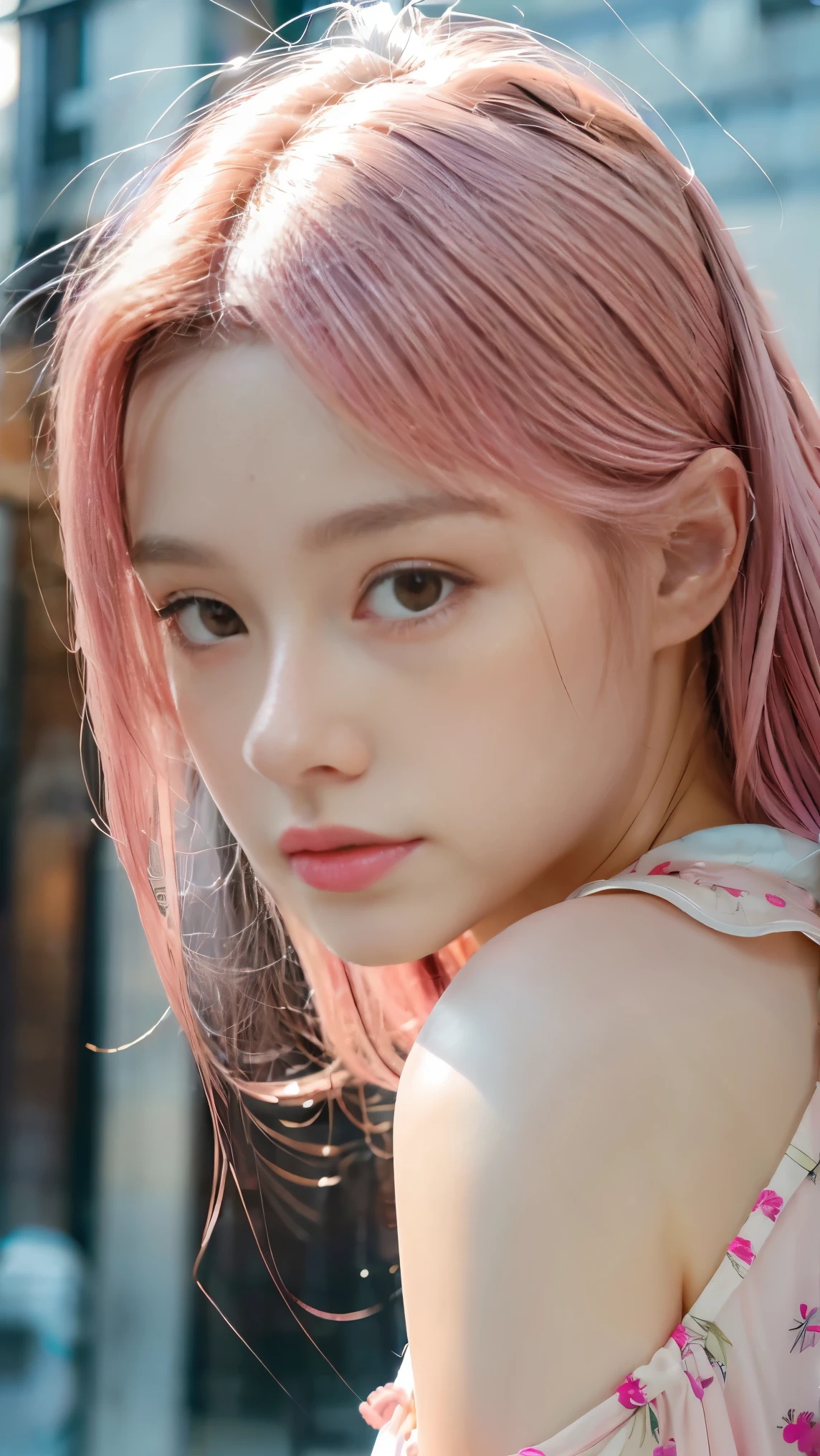highest quality, Masterpieces, High resolution, One girl, Super beautiful face, Very beautiful eyes, Very beautiful pink hair,Trendy clothing,Expose your shoulders
