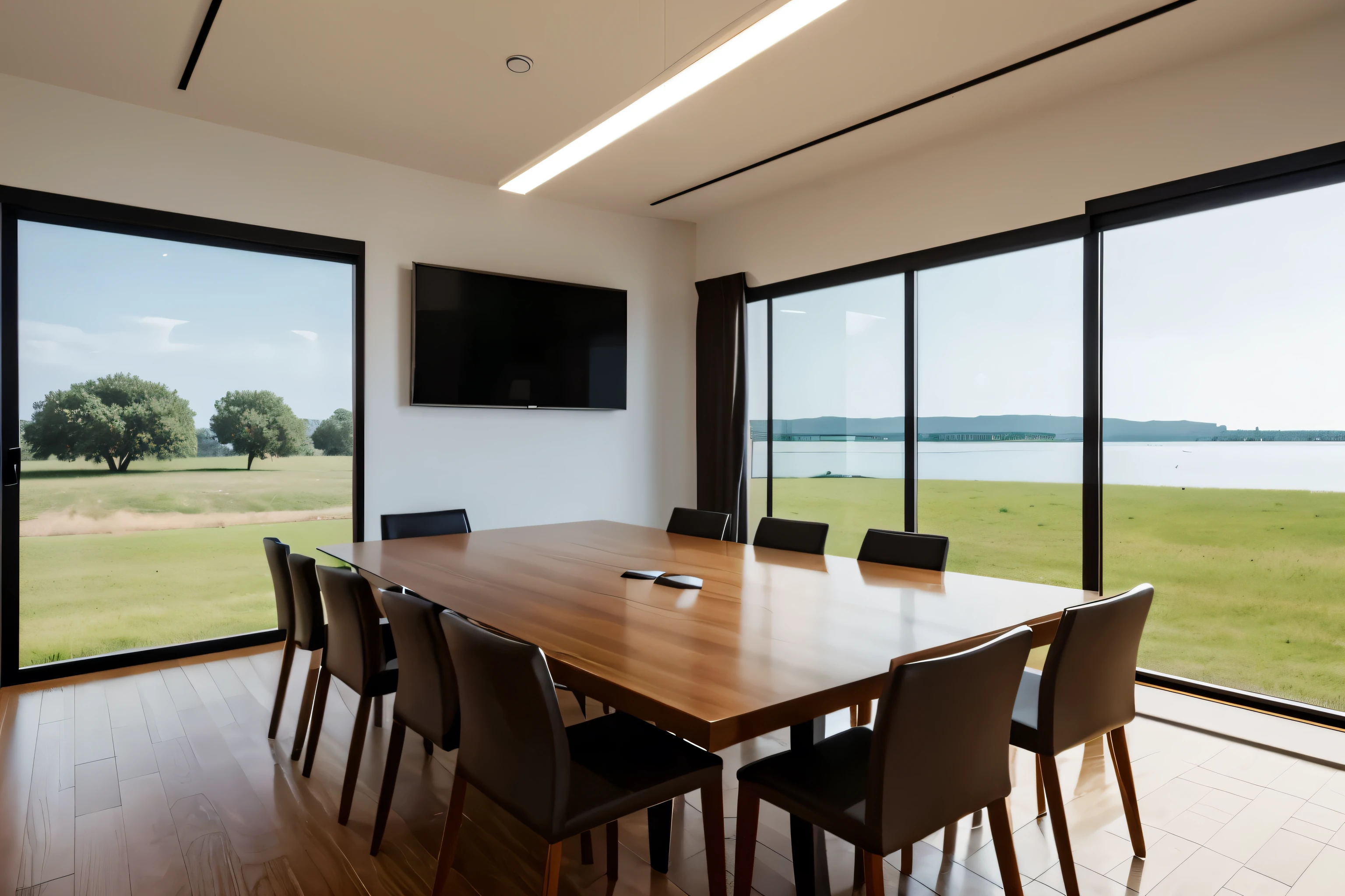 scene for a business meeting, in the middle a table for the meeting, on the wall a television for the presentation that only emits white, On the left a window front with a view of wide flat land with a lake and beautiful nature,