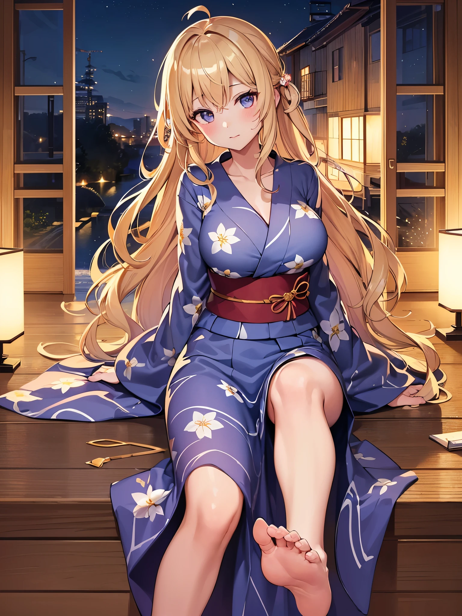 (Very detailed CG ユニティ 8k 壁紙),(masterpiece),(highest quality),(Very detailed),(Best illustrations),(Best Shadow),(Absurd), alone、One Girl、yukata、hostel、firework、night、The chest is exposed、hairpin、Blonde,Messy wavy long hair、Point your feet towards the viewer,Big Breasts