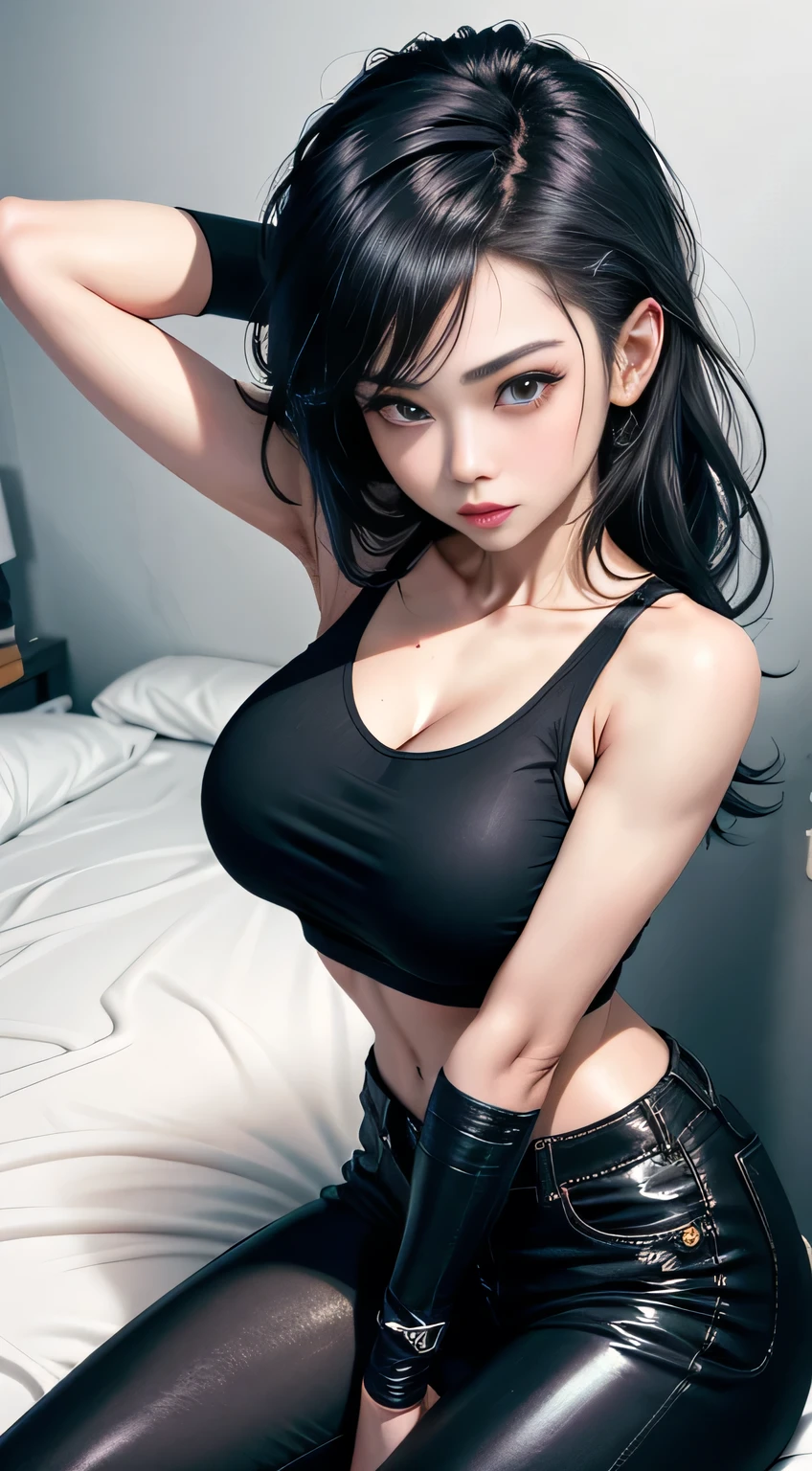 sfw, ((lying on bed top view)), there a woman sitting on a bench with headphones on, cute casual streetwear, photo of slim girl model, wearing cyberpunk streetwear, wearing a black cropped tank top, korean women's fashion model, all black cyberpunk clothes, cyberpunk streetwear, y 2 k style, y2k style, ulzzang, photo of slim girl, overalls, cute girl wearing tank suit, wearing bra,((skinny waist)), young asian girl, ((big breasted)),