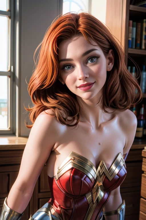 une femme de 25 ans, rousse, sexy, romantic smile, HD, 88k, masterpiece, a lot of details, superman cosplay, sexy, lingerie, cape