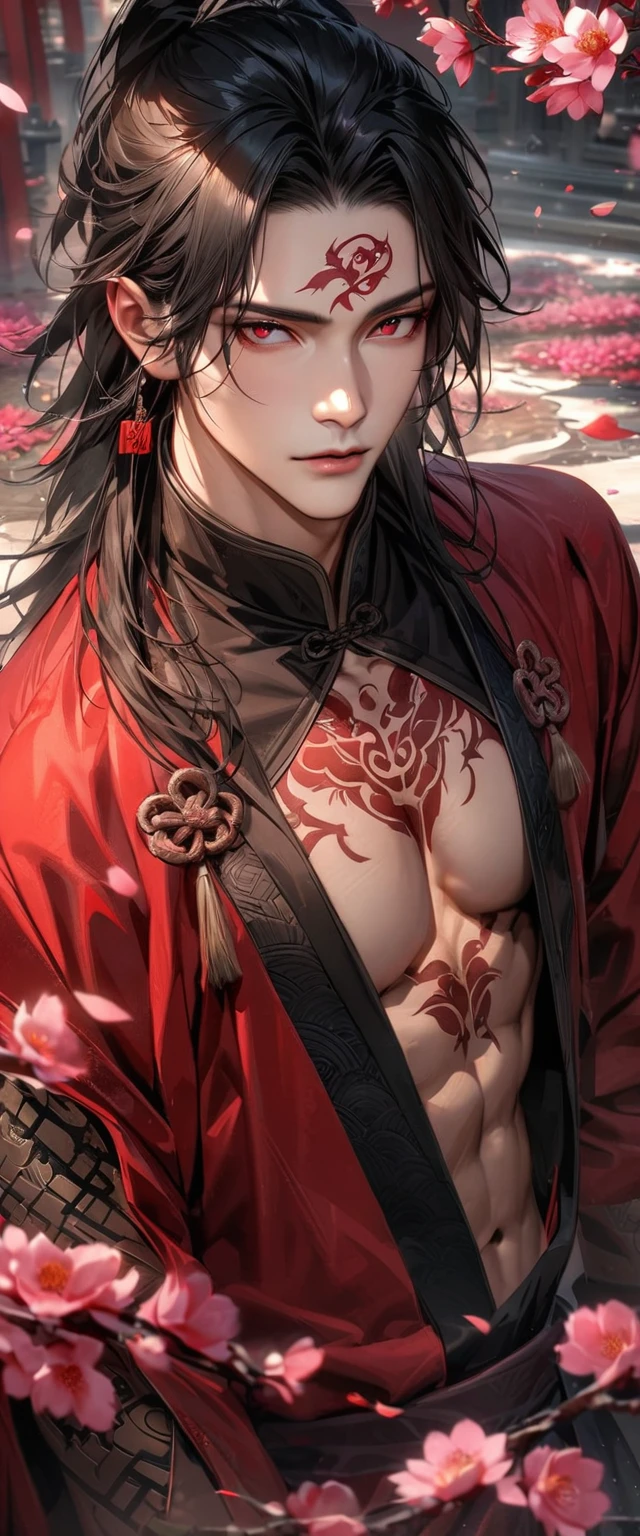 absurdres, highres, ultra detailed, HDR, master piece, best quality, perfect face, beautiful eyes, realistic face, Luo Binghe, black long hair, without bangs, expressive red eyes, Scumbag System, solo, sexy man, handsome, red lotus tattoo on the forehead, black and red robes, patterns, accessories, toned chest, cherry blossoms, pink petals, pink flowers, pink butterflies, Chinese ambiance
