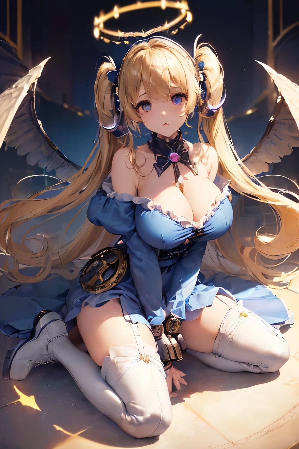 ((( petitgirl with blonde twin tail ))), (((Blue Dress))),(((Dark fantasy ))),(((Archangel)))、High-definition,(((Big angel wings)))、Smooth Hair、Angel Costume(Pink sheer fabric、Plain skirt with frills、Plain Silk Gloves)、Very complex eyes、highest quality、Inspiring composition、(((Cute pose)))、(((Inorganic face)))、(((Large glowing detailed magic circles on the ground))),((Off the shoulder)),(Big angel halo),(Halo),(((the ritual of summoning))),(((steampunk))),(((White long boots))),(((anime))),(((god々Nice room))),(((Peering into the audience))),(((church))),(((Dark Room))),(((Dim lighting))).(((Close your eyes and pray))),(((cyber punk))),(((Angle from above))),(((Plaster-like white skin))),(((Big Breasts))).(((Lots of angel wings))),(((Dynamic dance))),(((Spread your legs)))