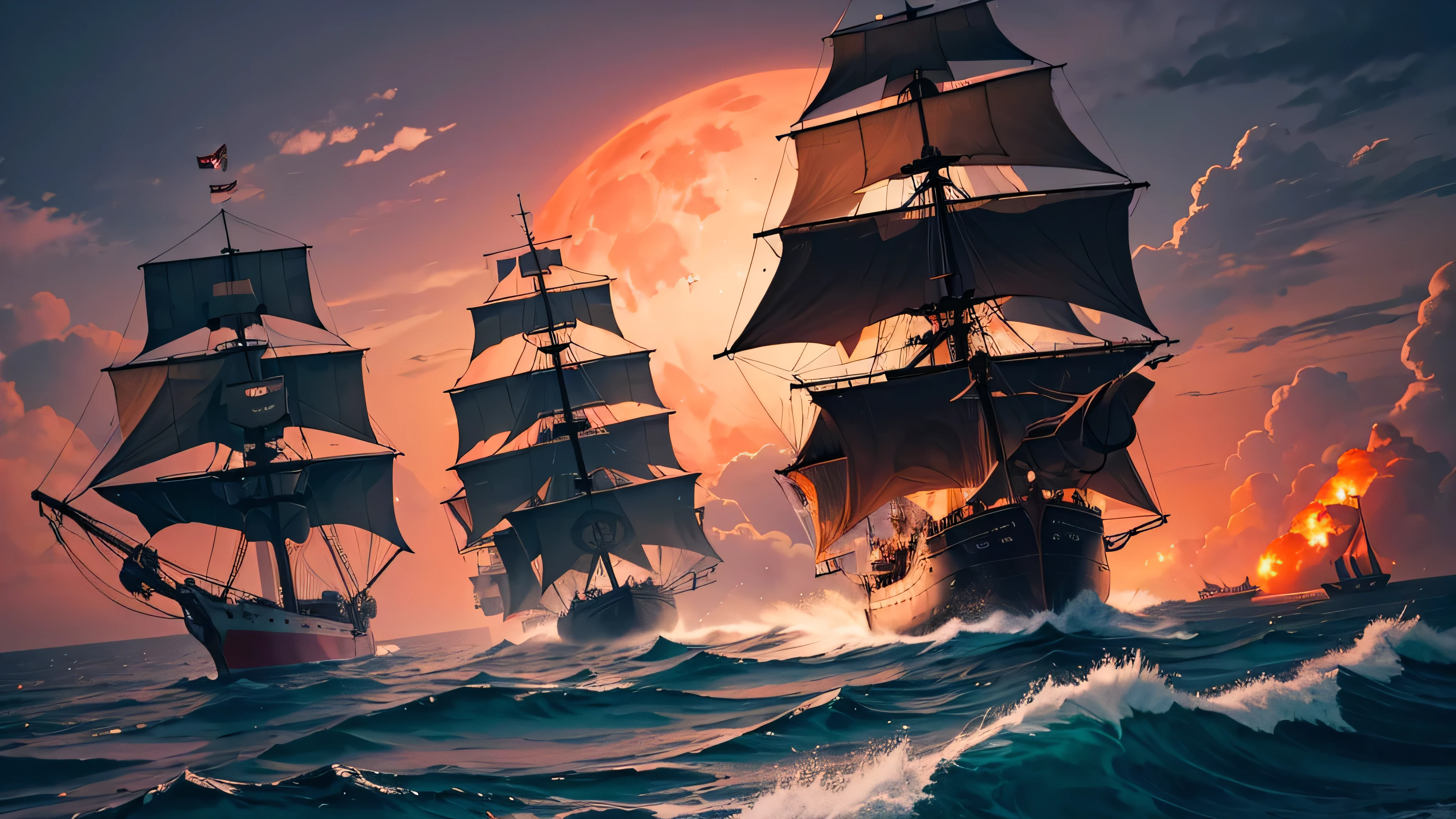 a ship of pirate on the middle of the ocean at the eye of the storm , ocean full of  and fire and red sky and a red moon ,a big tornado at right and behind the ship