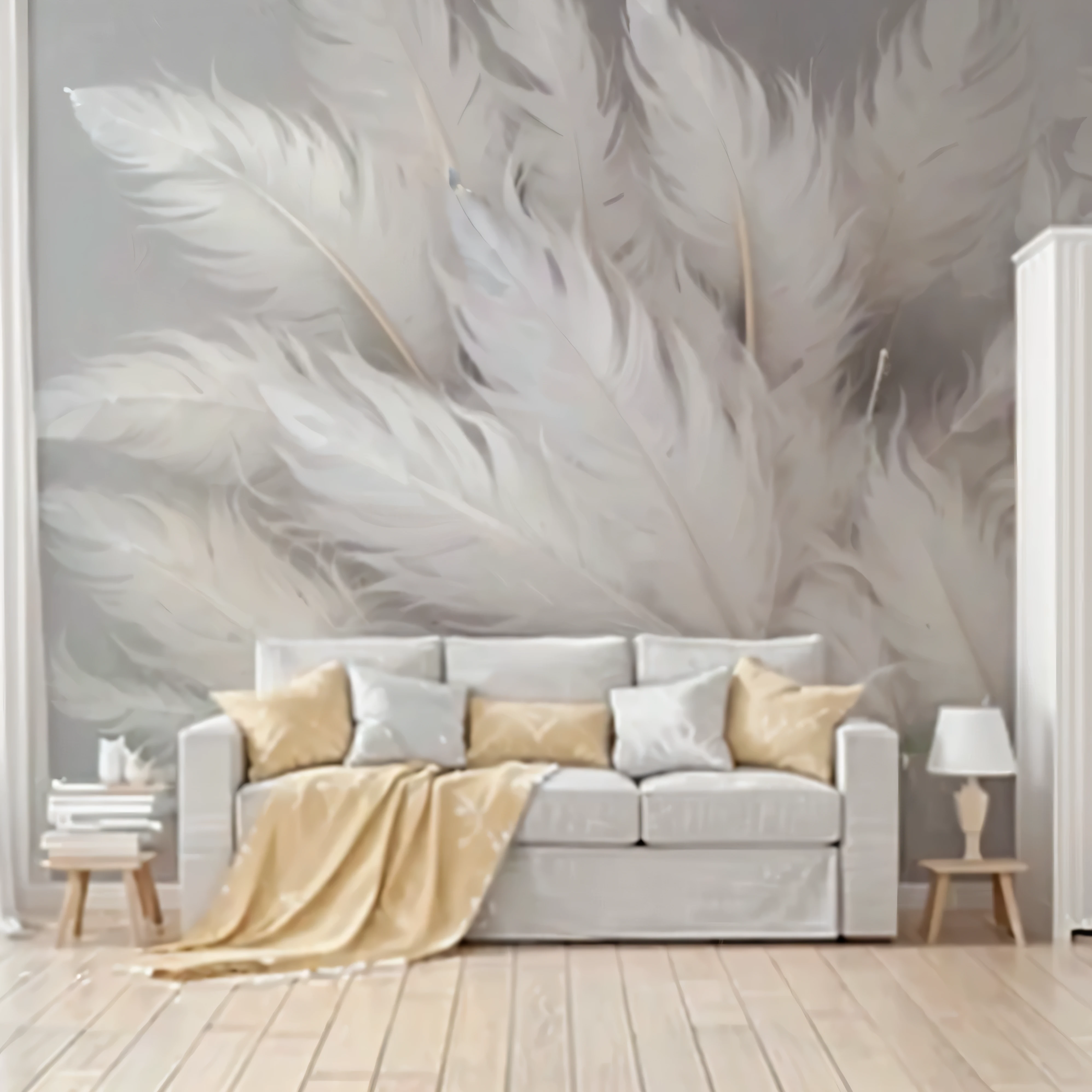 arafed mural of a living room with a couch and a table, soft feather, 4K/8, Living room wall background, white feather, Soft and complex, feather raining, beautiful feather, detailed feather, Wallpaper Art, Artistic 4K, mural, feather ) wet, 4,000-8,000, detailed feather and fur, 4K 8k