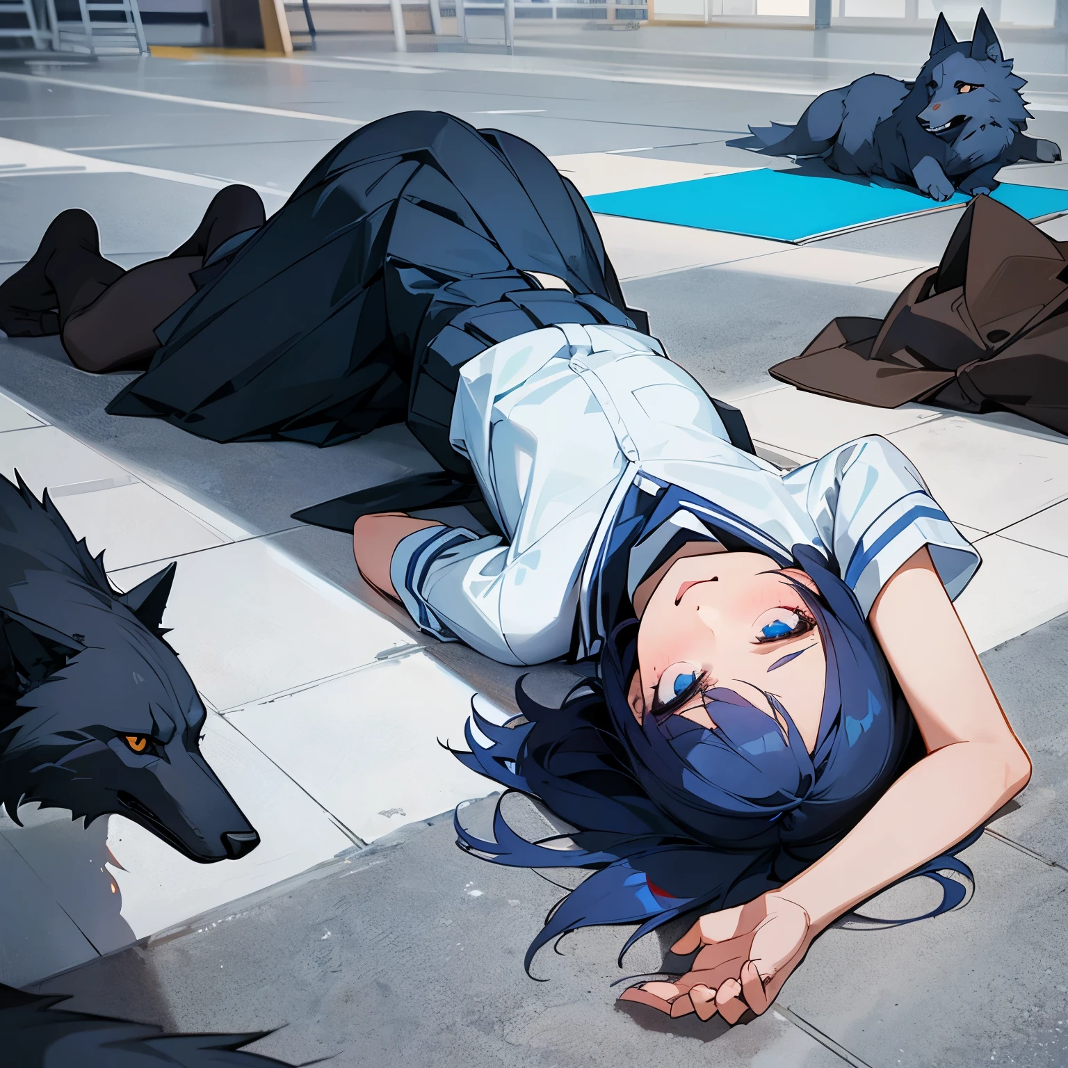 A school girl laying dead on the floor with one missing eye and one missing arm her hair is black and blue wolf cut