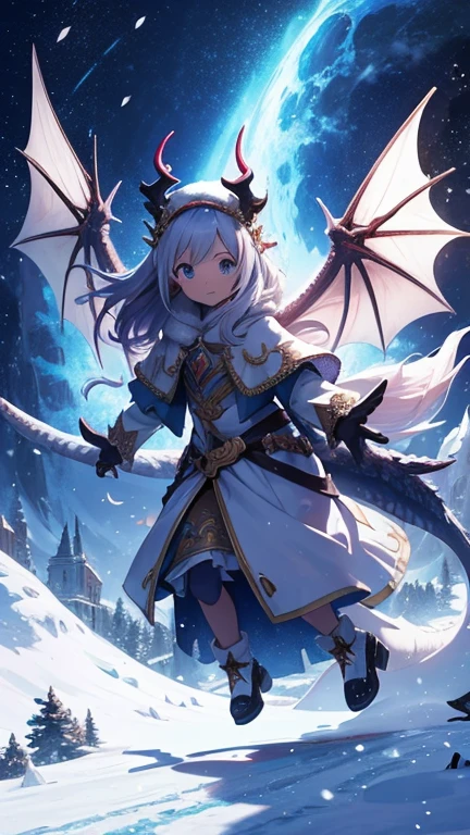 A magical world where snow falls, with children dragons and demons flying in the sky.