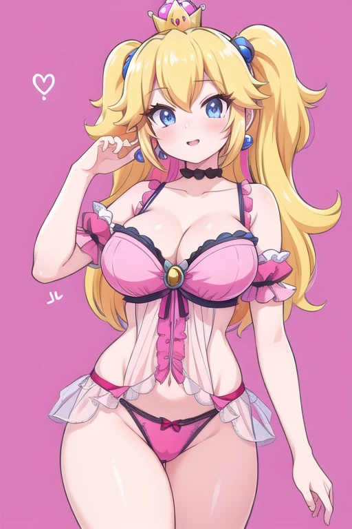 Une femme, 25 ans, mangas, cheveux longs, cheveux multicolores, details, cosplay princess peach, lingerie en cuire, super mario, nintendo, bowser castle