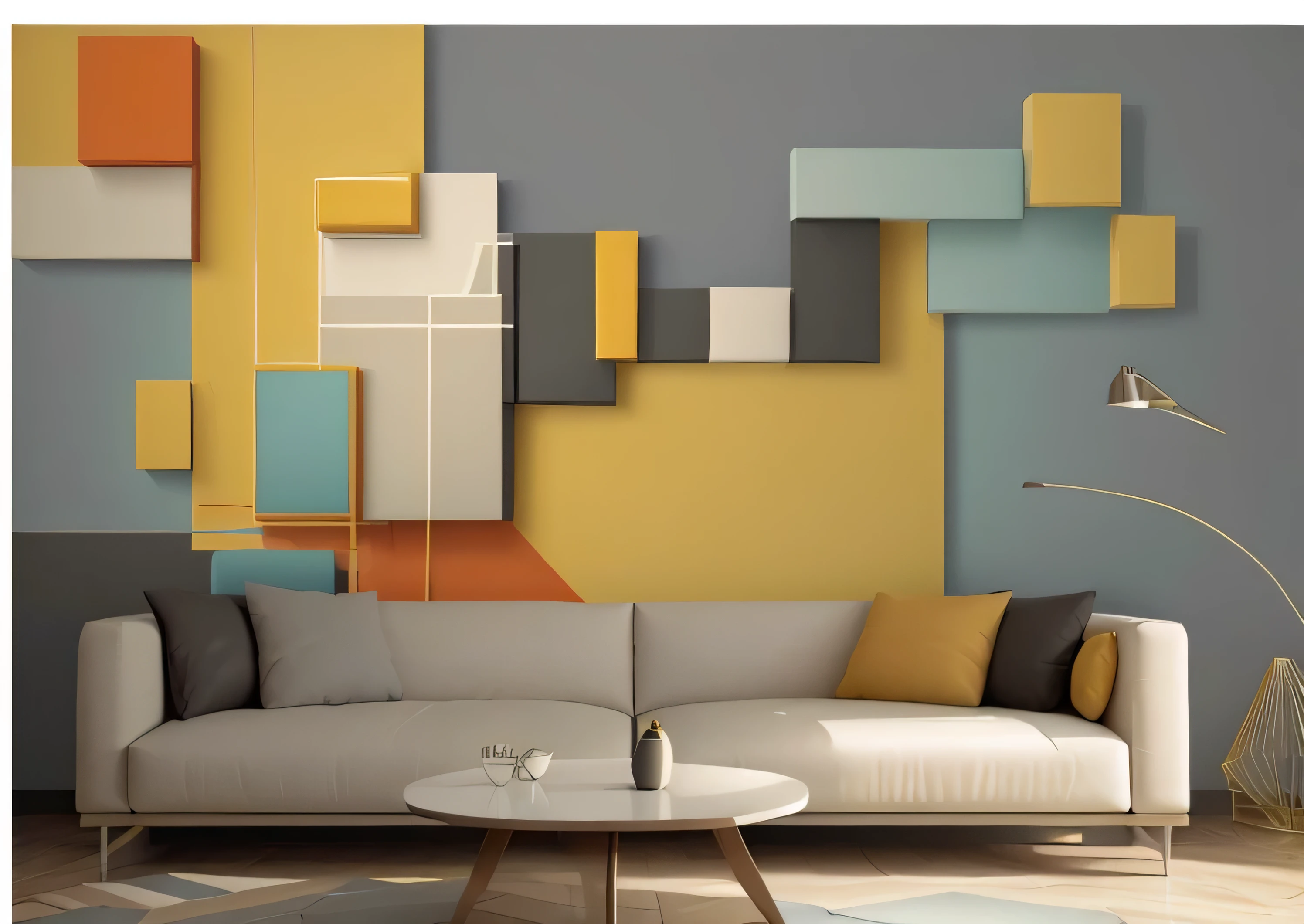 Close-up of a sofa,The sofa is located on one wall,There is a painting on the wall, mural, Cubist style, Abstract blocks, Exaggerated texture, Pastel colorful 3D, Modern design, Living room wall background, modern style, geometric wallpaper, Minimalist Sculpture Design, Modern Art Style, cubism style, abstract wallpaper design, Art Deco, Decorative panels