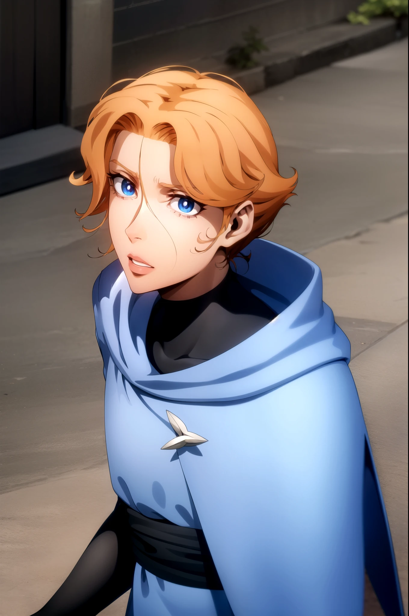 sypha, sypha, short hair, blue eyes, orange hair,
BREAK cape, blue cape,
BREAK looking at viewer, full body,
BREAK outdoors,
BREAK (masterpiece:1.2), best quality, high resolution, unity 8k wallpaper, (illustration:0.8), (beautiful detailed eyes:1.6), extremely detailed face, perfect lighting, extremely detailed CG, (perfect hands, perfect anatomy),