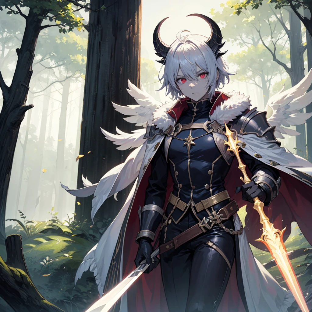 1man, (scary), angel, flying, fantom lancer, spear, forest
