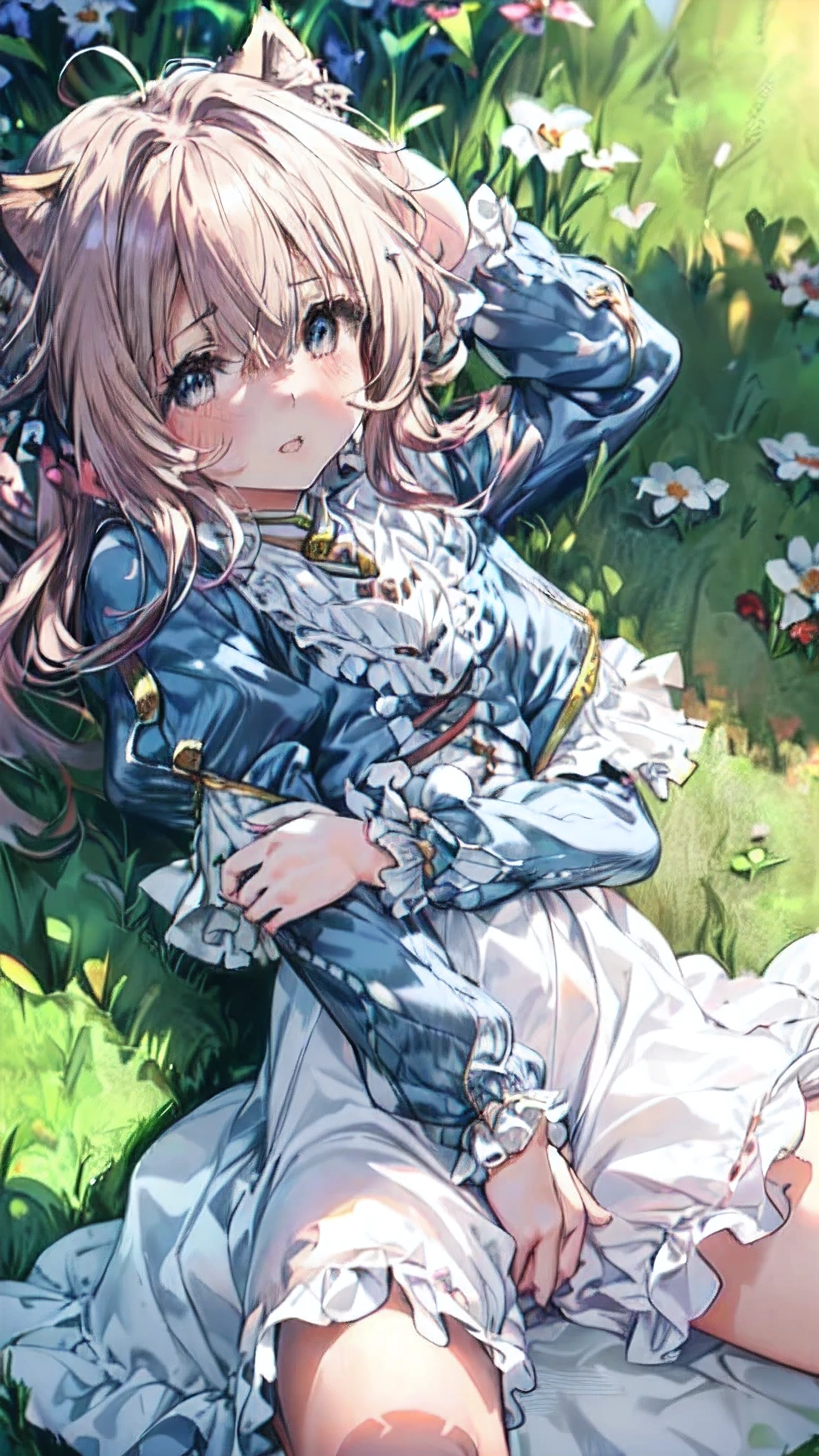 (Ultra-high resolution of the highest quality, masutepiece, Best Quality, 8K, Super Detail, Best Quality:1.3), (1 littlegirl:2), (smallbody:2), (tiny body:2), (Loli:2), (flat chest:1.1), (petite body:2), (small build:2), (slender body:1.1), (drooping eyes:1.2), (blush cheek:1.4), front view, beautiful hair, beautiful face, beautiful eyes, beautiful body, beautiful hands, (white large frilled dress, blue jacket:1.4), (orgasm:1.6), (drunkard:1.7), (half open eyes:1.2), (face focus:1.6), (from above:1.2), open mouth, (grin broadly:1.2), outdoor, park, (lying on lawn:1.4), (cat ear:1.3), (cowboy shot:1.4), (up legs, knees bend, spread legs:1.6)