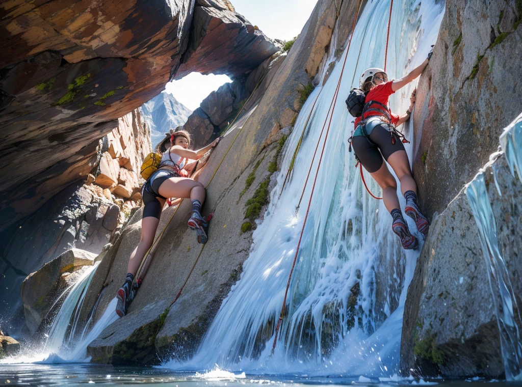 Cliff mountain in midsummer, (girl, Attractive ass: 1.3), (Manloch Climbing: 1.4), Ice axe, lifeline, Backpack, Icefall, Harness,Brave climbers tackle a rock face in summer gear, Cannabilus, Crochet, Vertical rock walls,danger,thrilling,Emphasis on human resources,(8k, 16k, Awards, highest quality, High resolution, Super Detail,Very detailed, Anatomically correct, Tabletop)