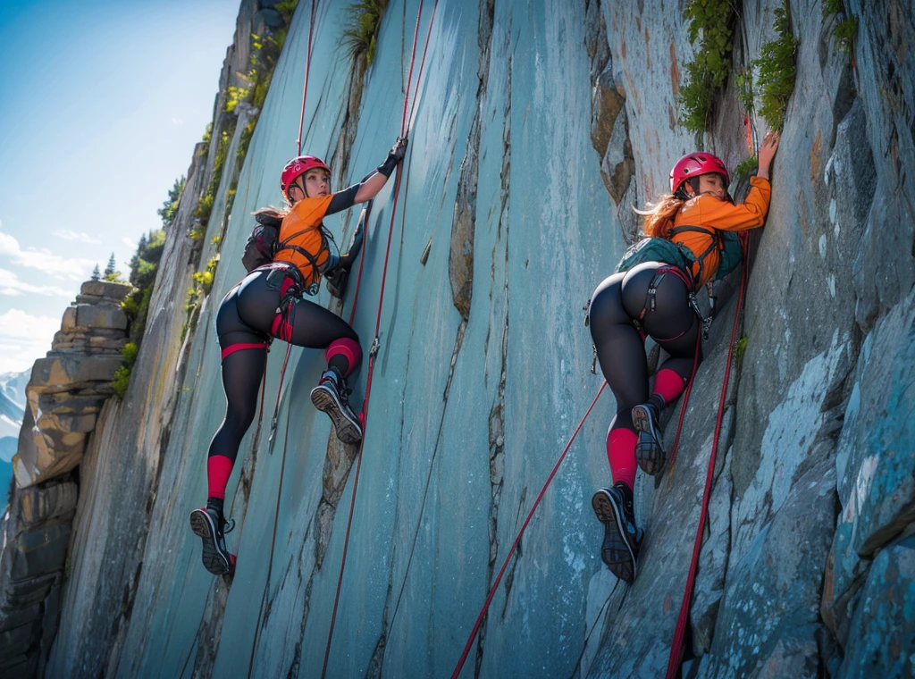 Cliff mountain in midsummer, (girl, Attractive ass: 1.3), (Manloch Climbing: 1.4), Ice axe, lifeline, Backpack, Icefall, Harness,Brave climbers tackle a rock face in summer gear, Cannabilus, Crochet, Vertical rock walls,danger,thrilling,Emphasis on human resources,(8k, 16k, Awards, highest quality, High resolution, Super Detail,Very detailed, Anatomically correct, Tabletop)