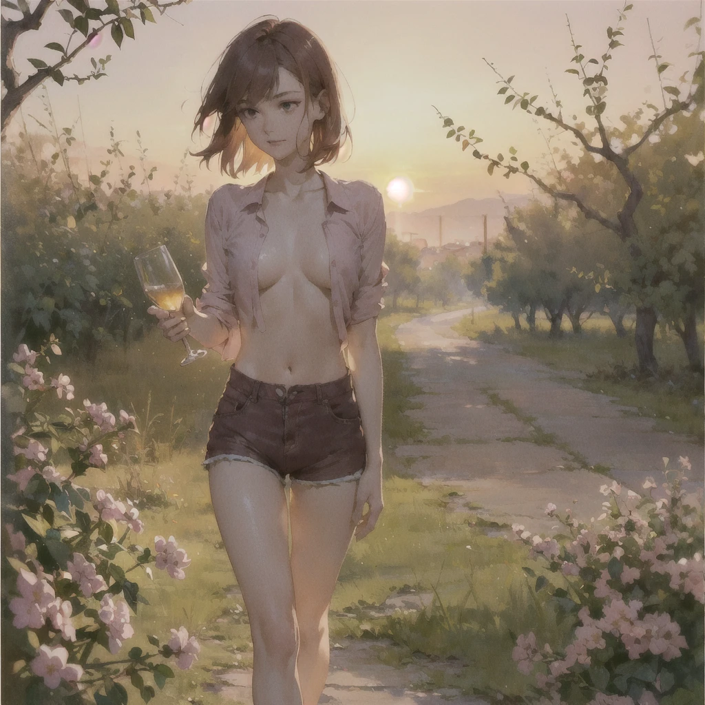 (Beautiful slender thin exquisite) (nude) (Girl ) (with a perfect southern type face) (with short burgundy hair) (with tender beautiful big breasts with tender nipples) barefoot with bare thighs ((with red pubic hairs)) ((((in an unbuttoned open pink shirt over his naked body and short burgundy shorts)))) coming ((along the brick road)) in the middle of a flowering field (with a glass of wine), in a gentle watercolor style, Discreet shades, sfumato, haze, diffused dim light, delicate mint shades, imitation of film photography, (olive and grape groves, Brick Road), (High image quality, Maximum detail), (sunset lighting, Warm evening shades, warm golden and olive sunset light)