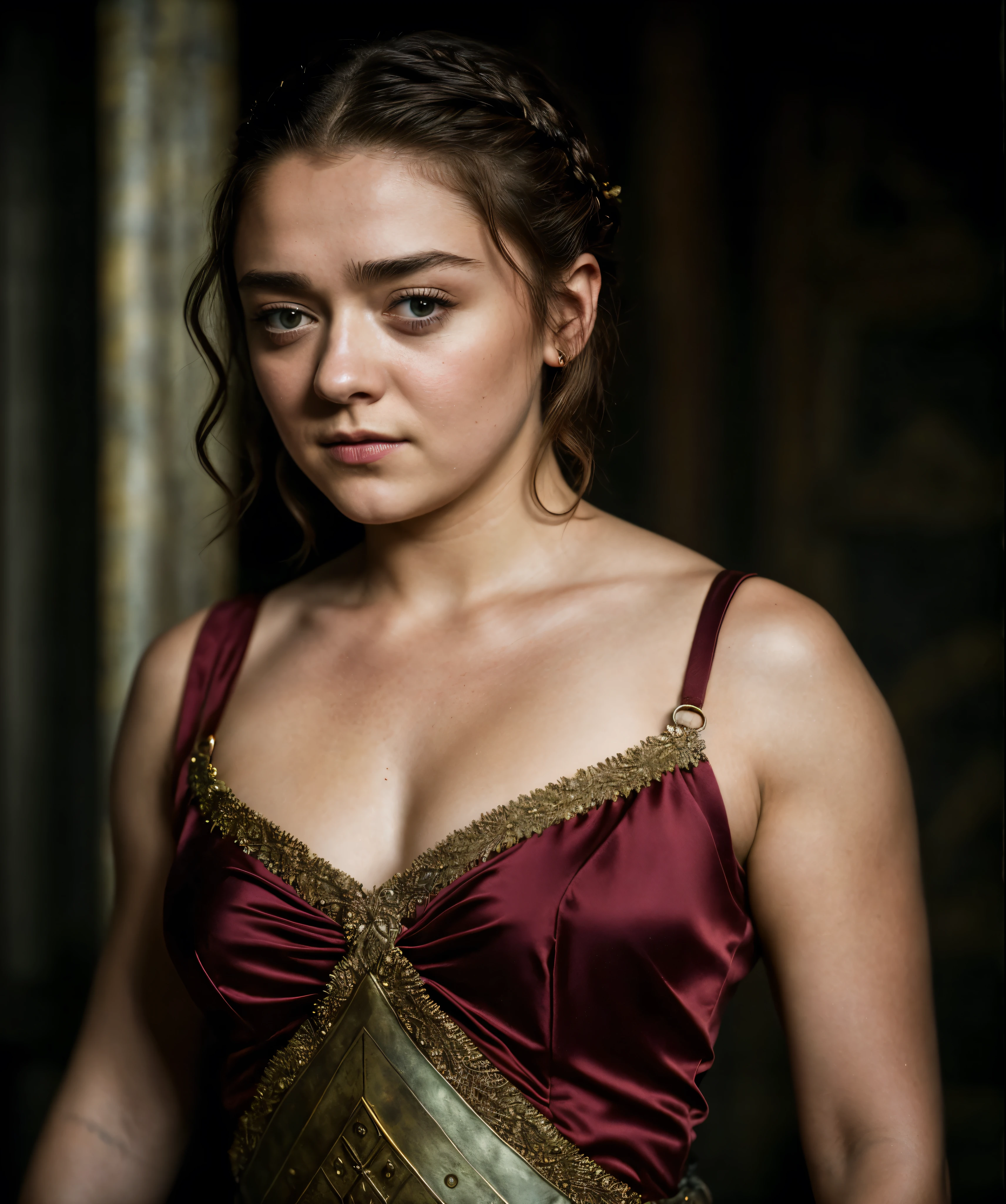 Foto RAW, Arya Stark, Extremely gorgeous lady, Arya Stark PLAYED BY MAISIE WILLIAMS, Queen Arya Stark, she a mature woman now, milf, sexy mediaeval battle dress, gladiator woman, body, 40 years old Woman, body revealing costumes, perky breast, big natural breast, erotic costumes, lusty physique, seductive figure can capture every people's attention, Game of thrones costumes, revealing captivating figure, Mediaeval costumes, revealing clothes, A tomboy, she would rather fence than dance, warrior queen , game of thrones screen caps, Game of Thrones Series, (pele altamente detalhada: 1.2), 8k UHD, DSLR, soft-lighting, alta qualidade, grain of film, Fujifilm XT3, flawless picture, highly detailed, detailed Beauty, intricate, 32k, sharp picture,