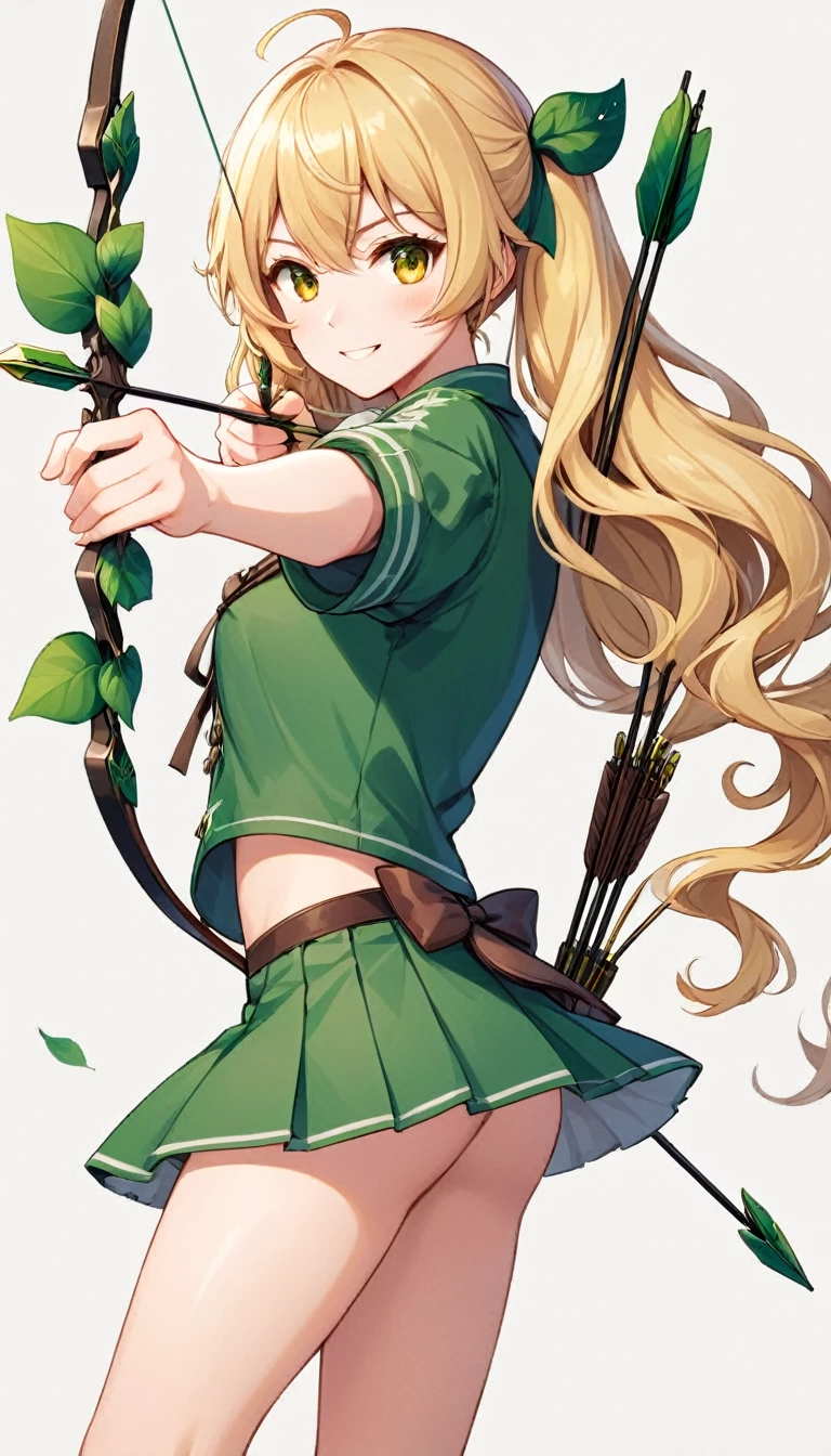 a girl with a bow and arrow in her hand, an anime drawing, inspired by Ike no Taiga, shin hanga, fantasy sticker illustration, [grinning evily], various posed,, ivy, 2 d render, (twin tail), (big curly blonde hair), yellow eyes, (green clothes), mini skirt, ((Aiming a Bow))