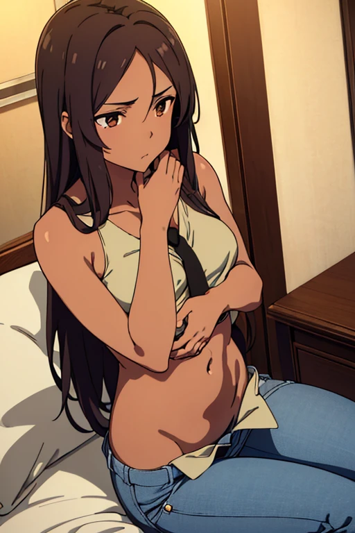 ((best quality)), ((masterpiece)), (detailed), perfect face, brown skin anime girl in a deep V Neck front-tie top, (bare shoulders), (jeans trousers), famished in hunger, (gently resting hands on stomach), (long hair), (hands on her stomach)