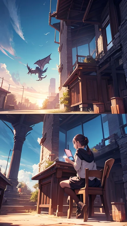 This description depicts a split-screen image vertically. In the top screen, a small dragon is flying in the sky. In the bottom screen, a girl is sitting on a chair, lost in thought.