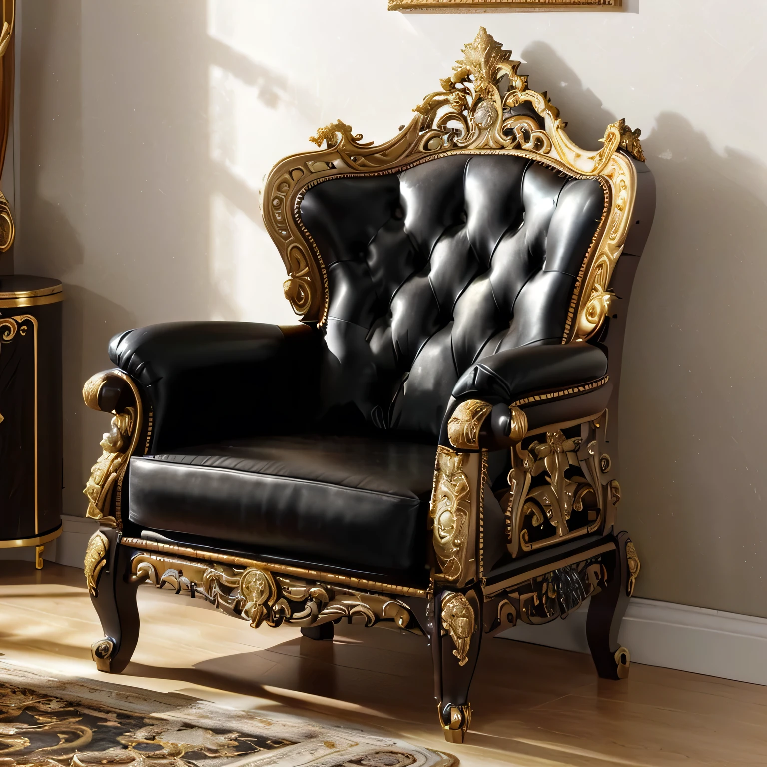 there is a black leather chair with gold trim and a white rug, wood carved chair, black armchair, elegant furniture, lavish rococo baroque setting, ornate furniture, elegant and ornate, luxury furniture, armchairs, single chair brass, ornate and elegant, black chair, sitting in fancy chair, carbon black and antique gold, gold throne, ebony rococo, golden throne