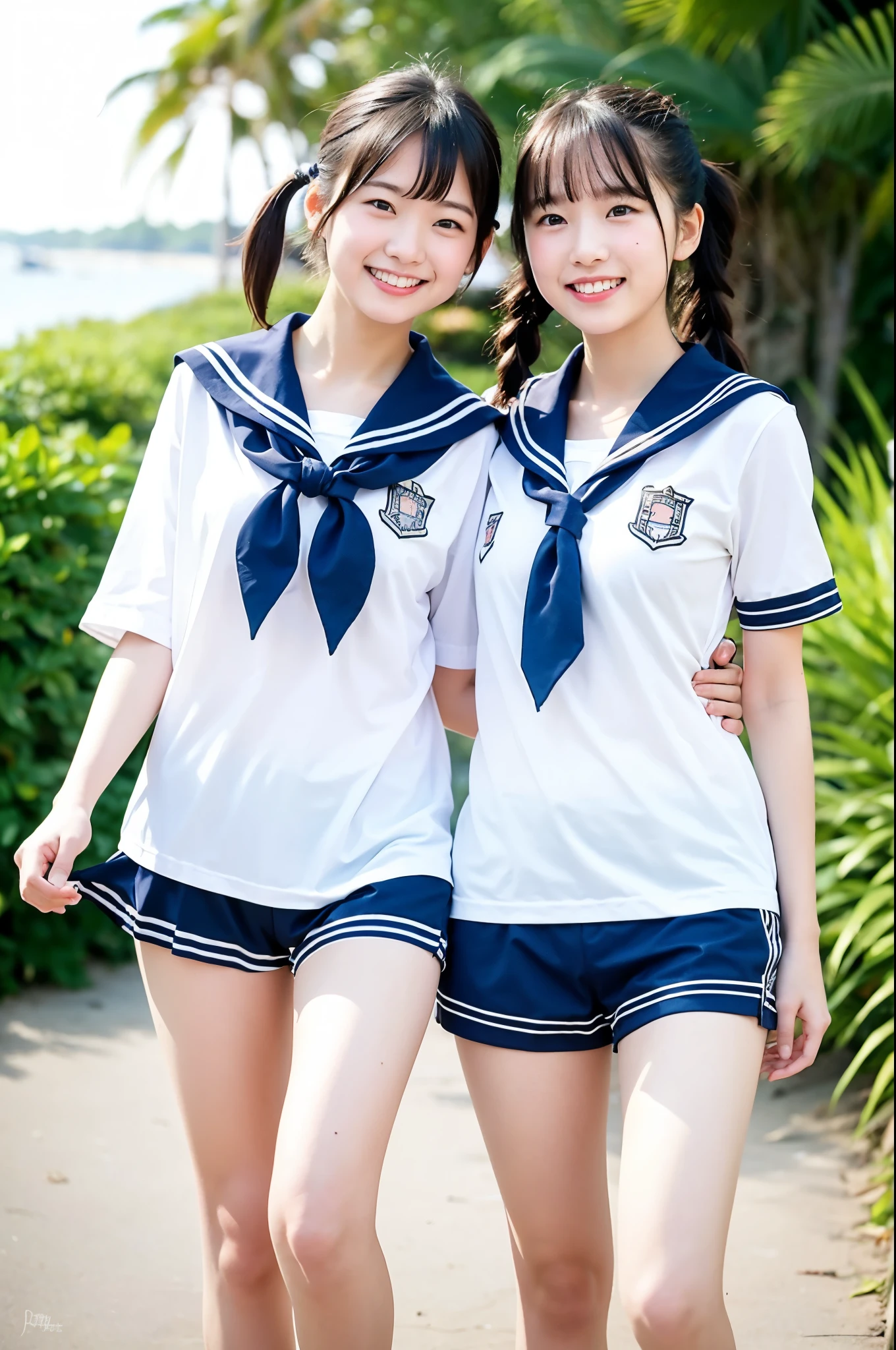 2 girls walking in beach,white sailor school shirt,white compression shorts,18-year-old,bangs,a little smile,thighs,knees,short hair and low pigtails with barrette,from below,front light