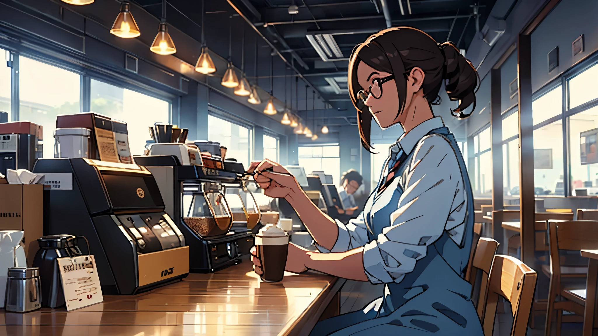 Wind of Sincerity, anime, After the Rain, Moving visual effects, Natural glare. Denim with a dress shirt and tie, A 20-year-old girl with a kind face drinking coffee alone in a cafe. She wears glasses、I enjoy listening to music while drinking coffee..,