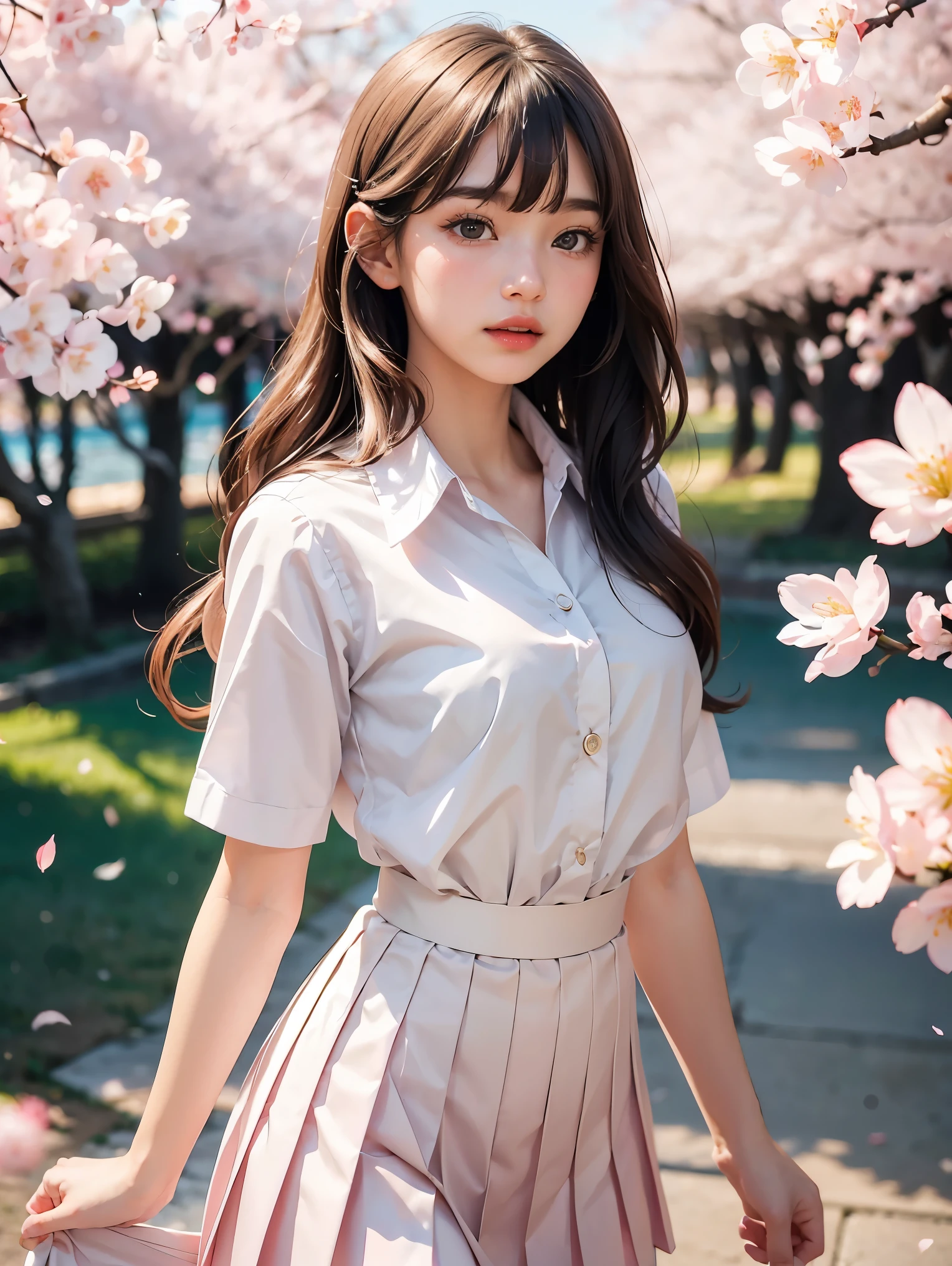 one pretty girl, solo, supermodel, pale skin, long wavy hair, blunt bangs, make up, parted lips, big , , white shirt, pleated skirt, looking at viewer, a blooming cherry blossom grove, with delicate pink petals floating in the breeze, soft lighting, film grain, upper body,