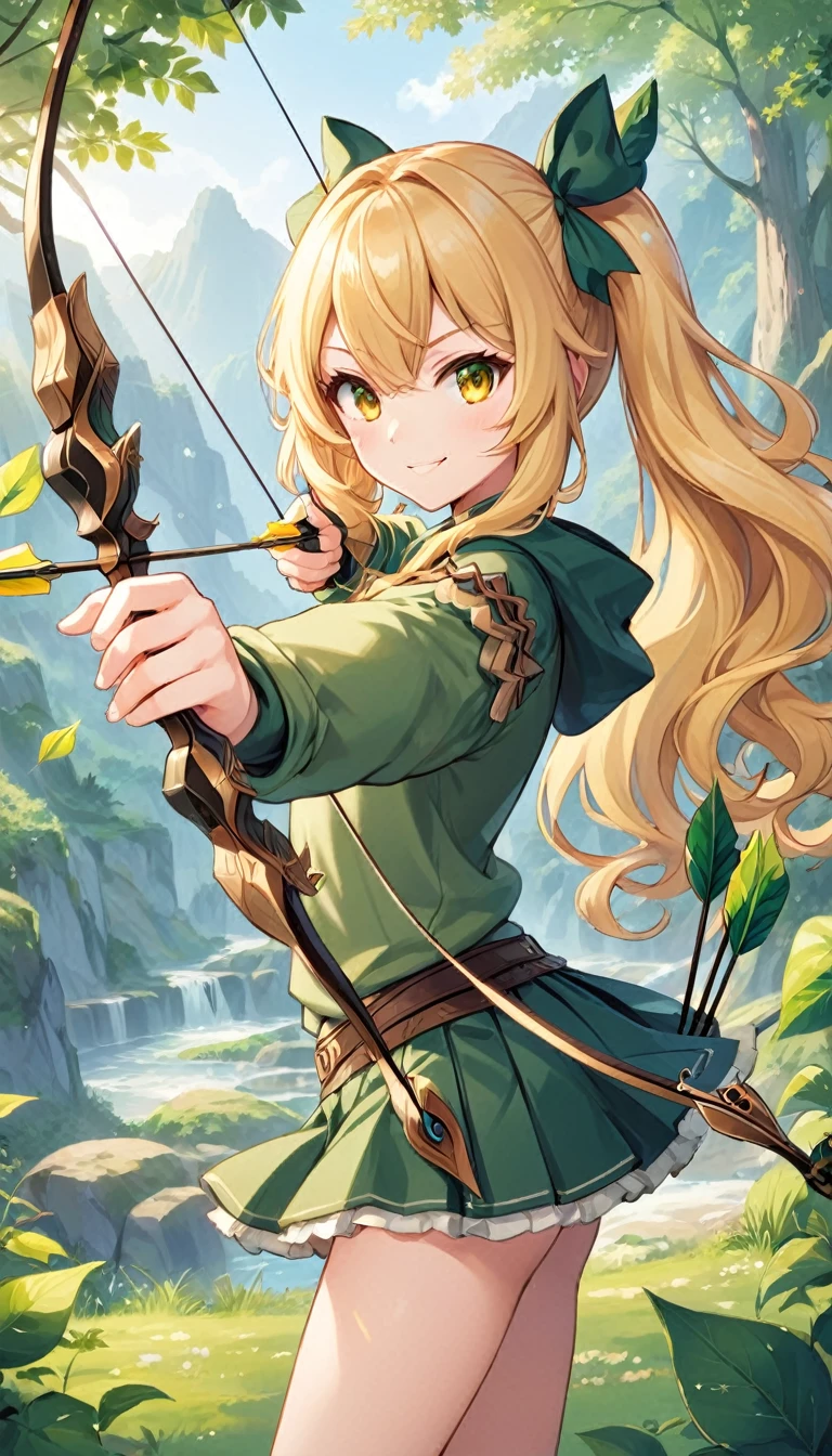 a girl with a bow and arrow in her hand, an anime drawing, inspired by Ike no Taiga, shin hanga, fantasy sticker illustration, [grinning evily], various posed,, ivy, 2 d render, (twin tail), (big curly blonde hair), yellow eyes, (green clothes), mini skirt, ((Aiming a Bow))

