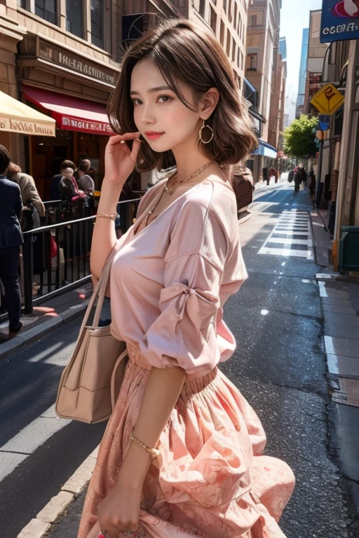 (masterpiece, highest quality, highest quality), ((bright colors and patterns)),(((Perfect body)))(See-through gown),Geometric camisole,Pink silk flared skirt,beautifully,Mysterious:1.2, (One Girl:1.3), Very detailed, Mature Woman,A kind smile, (Mouth closed), (highest qualityのmasterpiece:1.2) Delicate illustrations, Most detailed,Full body portrait, (Street background:1.3), (Shiny skin), (Many colors:1.4), ,(Earrings),((necklace))), sneakers:1.3,walking,