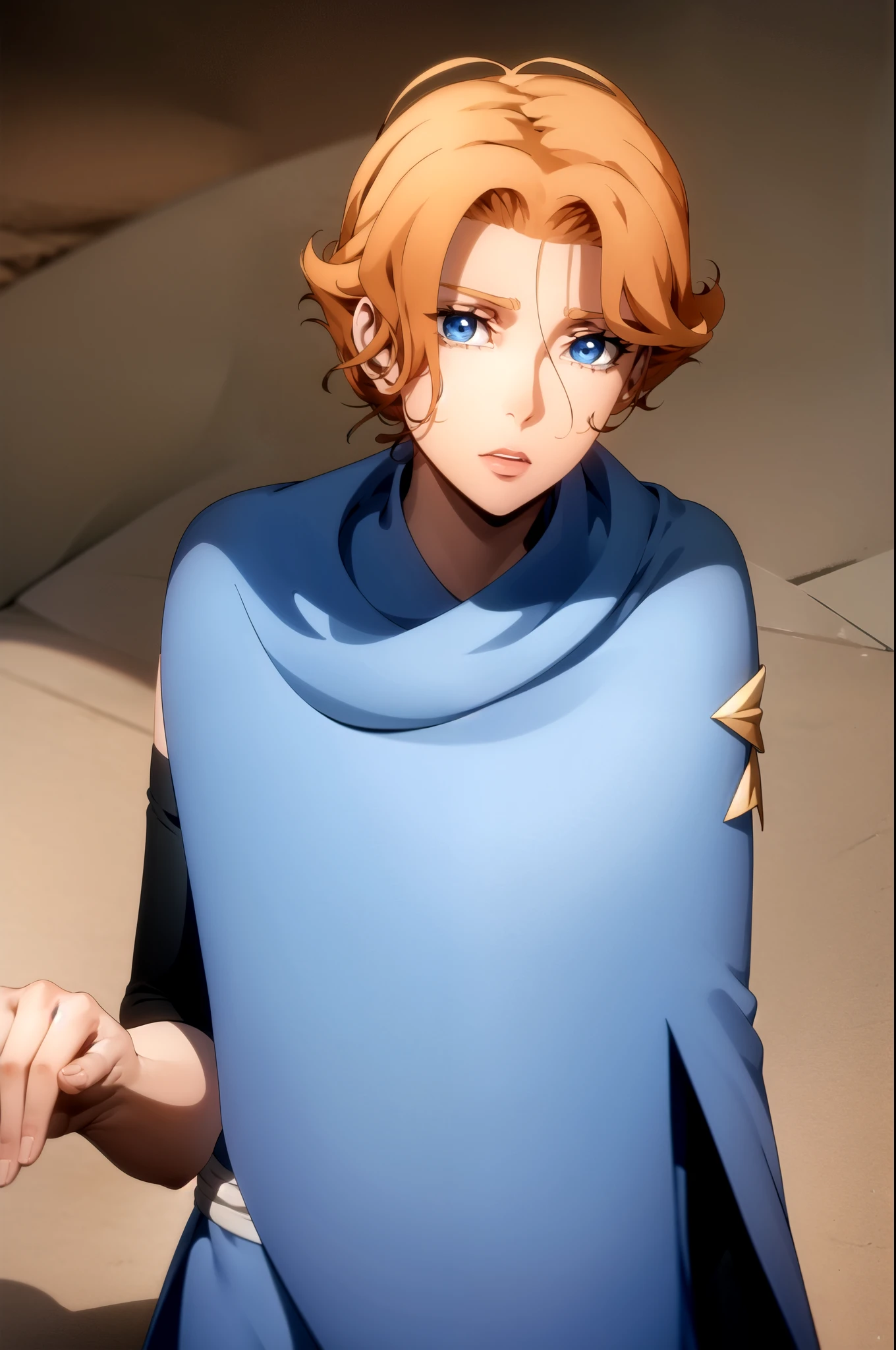 sypha, sypha, short hair, blue eyes, orange hair,
BREAK cape, blue cape,
BREAK looking at viewer, full body,
BREAK outdoors,
BREAK (masterpiece:1.2), best quality, high resolution, unity 8k wallpaper, (illustration:0.8), (beautiful detailed eyes:1.6), extremely detailed face, perfect lighting, extremely detailed CG, (perfect hands, perfect anatomy),