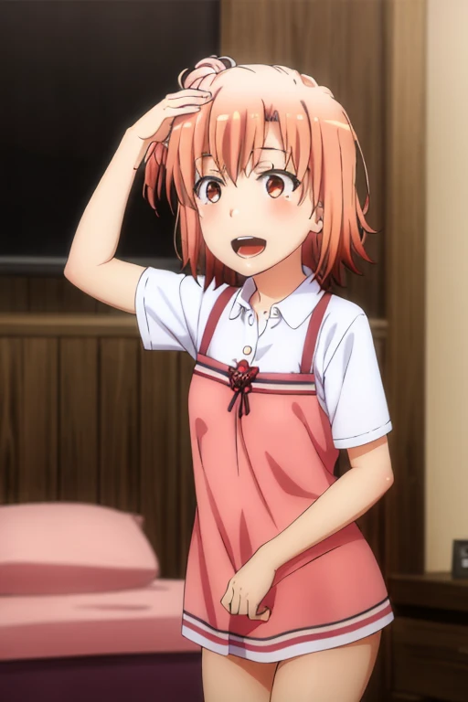 ((highest quality)), ((masterpiece)), (be familiar with), Perfect Face, indoor, Bedroom, Watching the audience,
One woman, Yuigahama Yui,
Open Mouth, Ecstatic expression, blush, smile,
Small breasts, Flat Chest, Young Girl, , , Girl,
Short Hair, Salmon-colored hair, Salmon-colored eyes, Side Pony,
Leg spread,