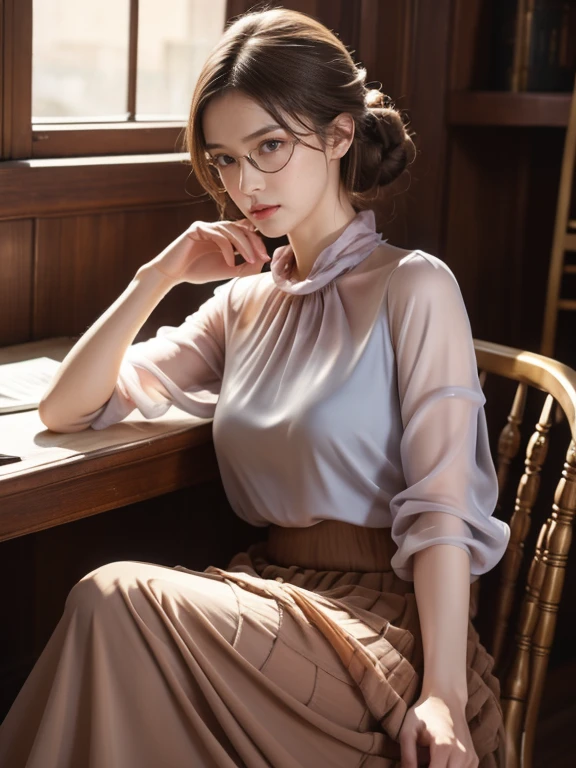 (Realistic、High resolution:1.3),alone, One Girl, masterpiece, highest quality, Very detailed, Cinema Lighting, Intricate details, High resolution, Official Art, Beautifully detailed face and eyes, High resolutionのイラスト, 8k, (Short bun hairstyle), Ash Brown Hair:1.3, Very thin body, ((Chiffon long skirt、Chiffon blouse:1.3)) 、Single Blade, blue eyes, Glasses, Crossing your legs, Sit on a chair, patterned high heels,Upper Body, Big Breasts, Book_stack, library, ((vine)), Looking at the audience