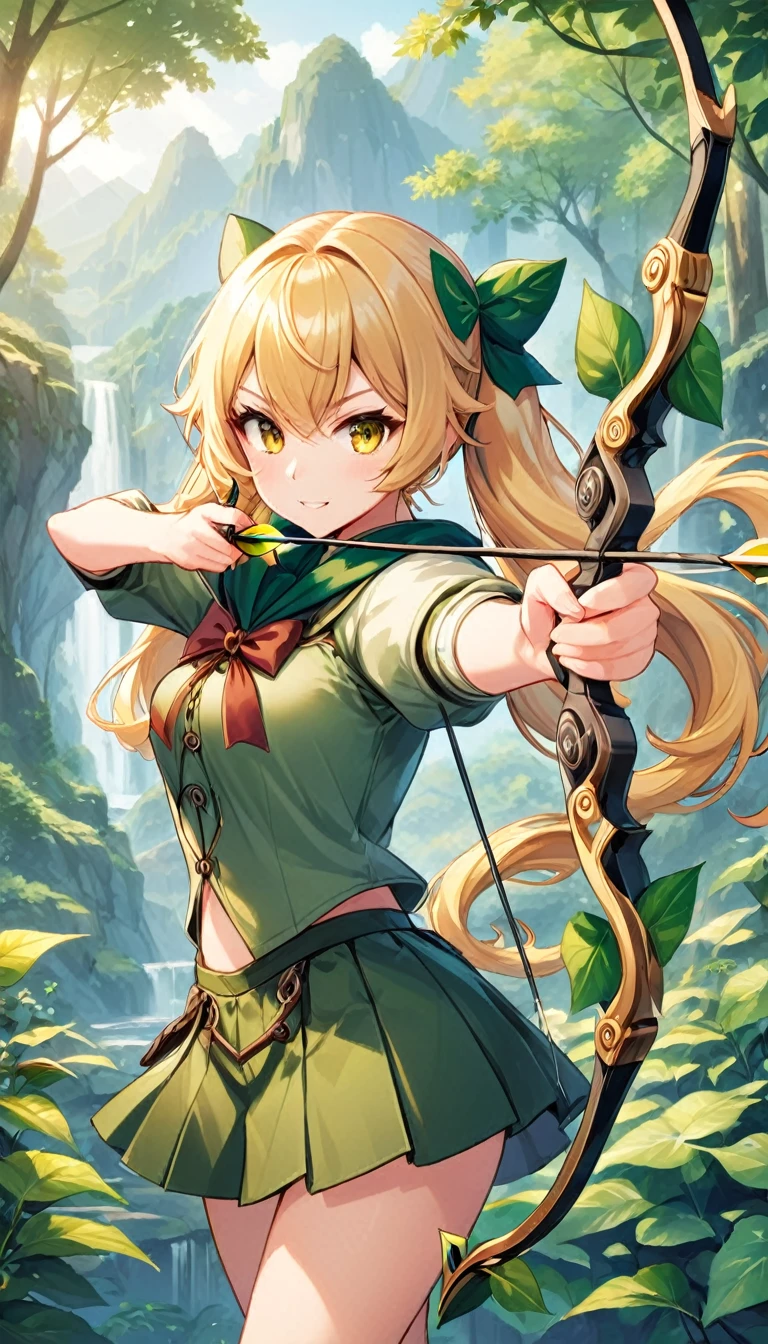 a girl with a bow and arrow in her hand, an anime drawing, inspired by Ike no Taiga, shin hanga, fantasy sticker illustration, [grinning evily], various posed,, ivy, 2 d render, (twin tail), (big curly blonde hair), yellow eyes, (green clothes), mini skirt, ((Aiming a Bow))
