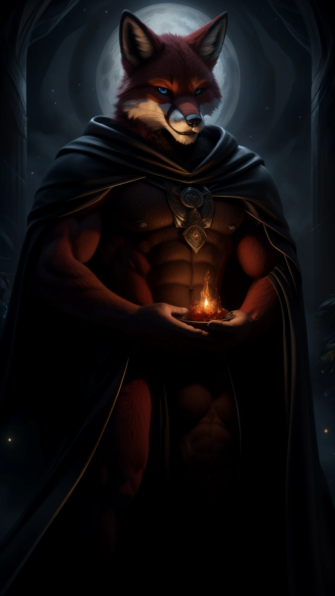 Mr. fursuit Fox male, red fur, fantasy, black magic in hands, in a black cape, night muscular