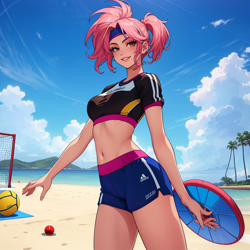 imagined a girl in extreme sport outfit playing to a flying disc game in a beach arena game sport, masterpiece, ultra-detailed, 80's anime (style), 2D, megapixel, perfectionism, full HD , 4K, (windjammers), windjammers sport game, windjammers 2 (((((solo mature anime woman,)))))++++++++++++++++++, looking at viewer, full body, brown hair and pink hair, short hair, weird hair, smile, lips, eyelashes, medium breasts, gym uniform, uniform, gym shorts, headband, sports bra, elbow pad, knee pad, extreme sports outfit 80's theme, beach background, playing flying disc game on a beach court game, sea, sun in the sky, sports wear