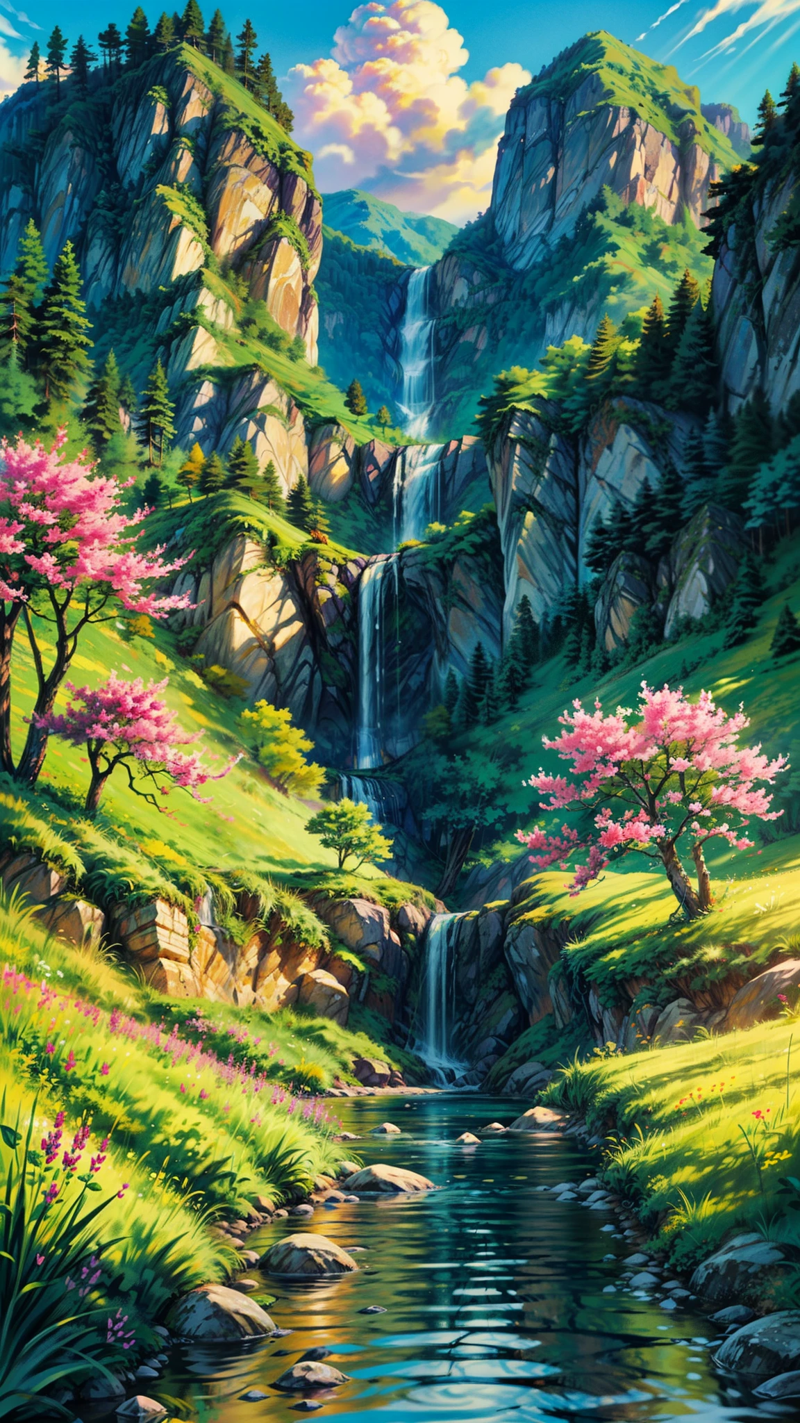 (obra de arte), ((mais alta qualidade)), (super detalhado), ((very delicnoe and beautiful)), (Incrivelmente absurdo))), Wander through a dreamscape of rolling hills and meandering streams, where wildflowers sway in the gentle breeze and butterflies flit between sunbeams. The air is filled with the sweet scent of blossoms, and the sound of trickling water provides a soothing soundtrack to your journey. As you stroll along winding paths lined with tall grasses, you'll encounter a kaleidoscope of colors – from vibrant hues of purple and gold to delicate shades of blue and pink. Every corner of this idyllic landscape holds a new wonder to discover, whether it's a hidden waterfall cascading into a crystal-clear pool or a meadow carpeted with fragrant lavender. With each step, you'll feel the embrace of nature's embrace and the pulse of life all around you, reminding you of the beauty and magic that exists in the world.