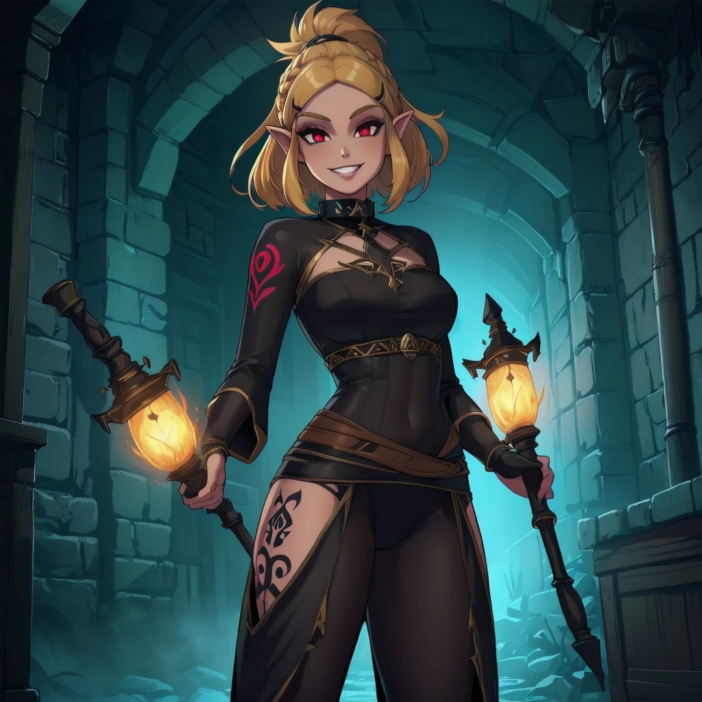 (zelda totk reimagined as a corrupted dark queen by ganon )+++, sfw++,masterpiece, best quality, high quality, illustration, film grain,(perfect female )++, beautiful detailed eyes, (symbol of evil:1.2),milf zelda, lascivious woman, (evil smile:1.1), (villain, dark heroine:1.2), (perfect female proportions:1.1), (seductive eyes:1.2), eyeliner, mascara, sexy makeup, (seductive smile:1.2), (mature woman:1.4),masterpiece, best quality, high quality, illustration, film grain, 1girl, (glowing evil red eyes), evil grin, crazy eyes, (high resolution, masterpiece, ultra best quality, insanely amazing hyper fine extremely detailed, official:1.4) dark heroine anime girl with short hair in a dark and evil place, extremely detailed artgerm, (official:1.4), dynamic composition, (solo girl:1.4), {sfw}, masterpiece, ultra-detailed, iconic attack, dominatrix, spiked collar, dark kingdom, bad end, 1girl, solo female, solo focus, mature female, standing, full body, looking at viewer, dark zelda totk, dark queen, evil, corruption, contrapposto, mind break, blond hair, (short hair:1,5), evil smile, lips, eyelashes, evil grin, dark aura, thigh_clothes, ,alternate costume, bdsm, (intricate details:1.12), (intricate details, hyperdetailed:1.15), hdr, dungeon, (at night:1.2), fireplace, warm light, dramatic light, cinematic,creepy dungeon, dark aesthetic, goth aesthetic, creepy, ominous background, dark atmosphere, death atmosphere, green and red atmosphere, evil dungeon background, gothique, faint darkness, ((red glow crotch tattoo)),
