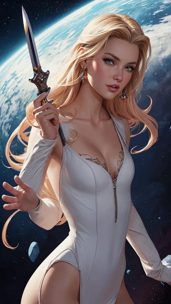 a Cartoon-style drawing GTA-style digital illustration of a woman with a white dress and a sword, She-Ra, ela - ra, a princesa do poder, garota poderosa, intergalactic princess, franco para, estilo ivan talavera e artgerm, Cory Chase como Atlante, zenoscope, deusa loira, Emma Frost, artgerm julie bell beeple style Cartoon style digital illustration GTA style