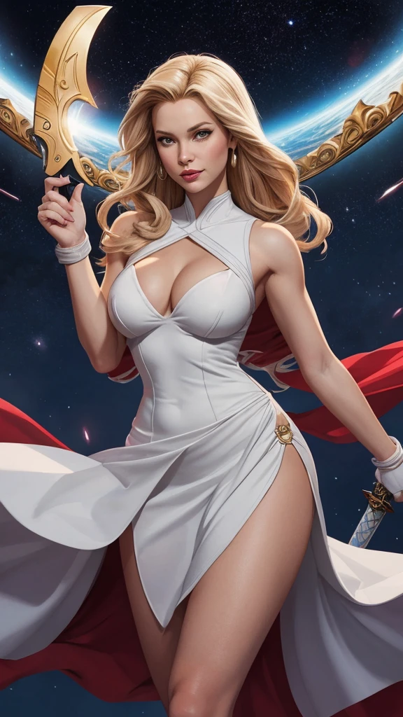 a Cartoon-style drawing GTA-style digital illustration of a woman with a white dress and a sword, She-Ra, ela - ra, a princesa do poder, garota poderosa, intergalactic princess, franco para, estilo ivan talavera e artgerm, Cory Chase como Atlante, zenoscope, deusa loira, Emma Frost, artgerm julie bell beeple style Cartoon style digital illustration GTA style