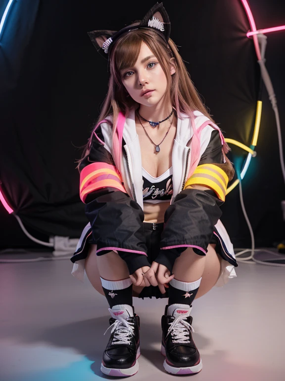 Light brown hair with neon pink tips and shades, royal blue eyes, small breasts, black school girl shirt with neon pink bow and white necklace with a Royal Blue orb, a black jacket with a white hood and pockets, black skirt almost reaching her knees with the ends of the skirt being white and having white lines going up, cat socks reaching over her knees with the eyes, inner part of the ears and mouth being neon red and rest black, lastly black boots with neon yellow lines and a small neon yellow star on each side of the boots, anime style. 