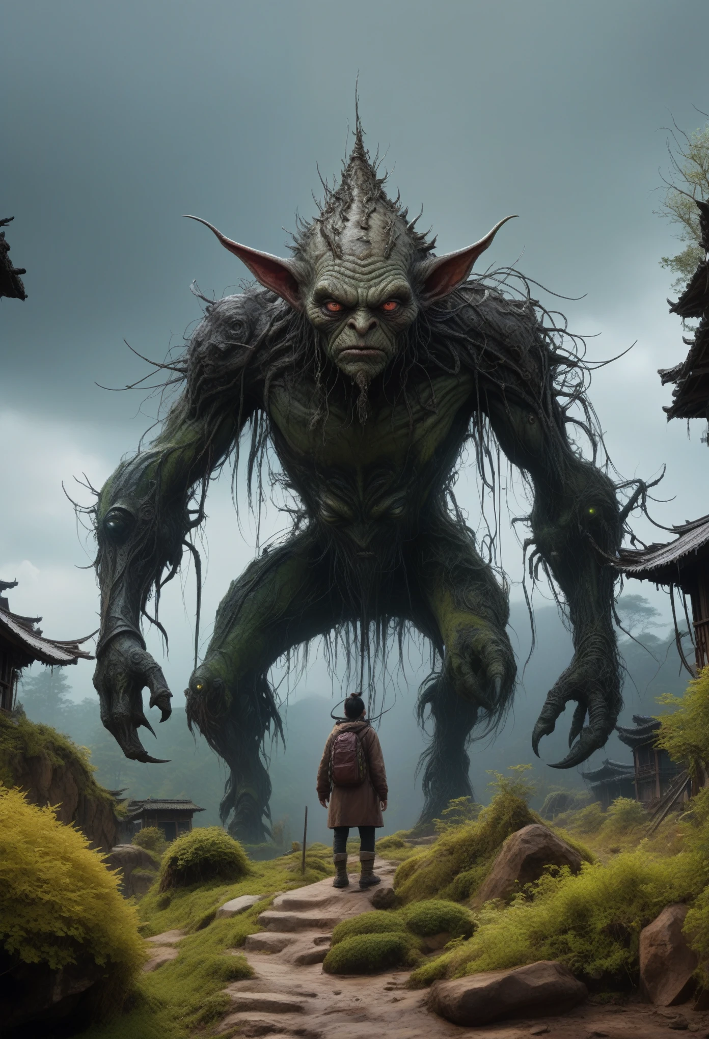 full-body-shot,Very tall , who can't fly,Cinematic, Technicolor,natural skin textures, hyper realisitc, hyper detailed,Extremely detailed,High contrast,Realistic,Chalsedoon goblin, back view,full body length,evil ghost,Hobgoblin,pretty face,intricate details,realistic humid skin,extremely intricate details,anatomically correct, eyes extremely detailed, high detailed eyes,High contrast,Ultra HD,Retina,HDR,photo,photorealism,Masterpiece, natural skin textures, hyper realism,hyper detailed,High contrast,(HDR:1.4),Realism,Ultra Detailed,irina yermolova, close full body shot,16K resolution,RAW, Nikon Z9,Paul Zizka,full body length,niobium goblin,native irish,pretty face,eyebrow up,full body shot,ominous landscape,niobium gray atmosphere,by art Simon Stalenhag,Nicola Samori,(((Wangechi Mutu))),prime colors,urban,extremely detailed,masterpiece,intricate details,faded,eyes extremely detailed, high detailed eyes,4k resolution,islands levitating above ground, Nikon Z9,scary village,stalker,Stone Forest in Yunnan Province of China