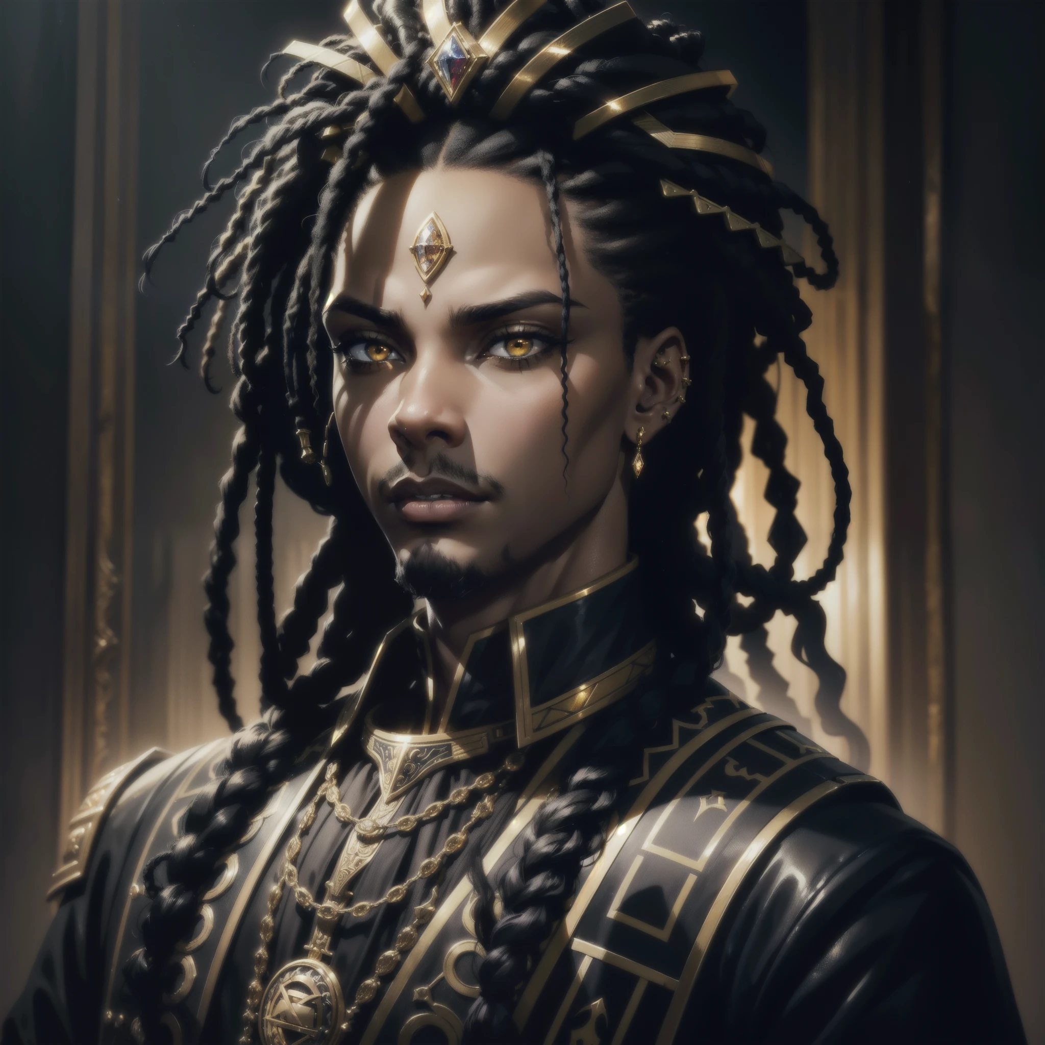 (african-american, young) prince, (short, black) dreadlocks, (piercing, golden) eyes, (dark, regal) clothing, (ease, scheming) posture and expression, (detailed, realistic) portrait, (vivid colors, sharp focus), (concept art, digital painting), (moody, dark) color palette, (dramatic, atmospheric) lighting.