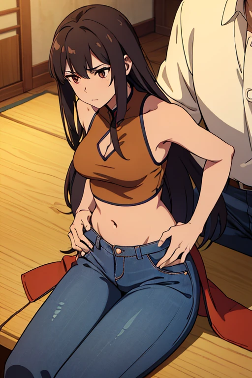 ((best quality)), ((masterpiece)), (detailed), perfect face, brown skin anime girl wearing a deep V neck Chinese outfit, (bare shoulders), (jeans trousers), famished in hunger, (gently resting hands on stomach), (long hair), (hands on her stomach)