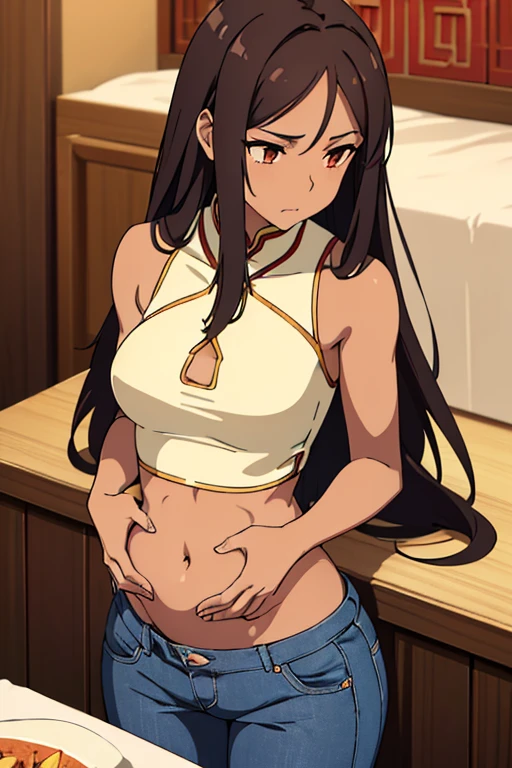 ((best quality)), ((masterpiece)), (detailed), perfect face, brown skin anime girl wearing a deep V neck Chinese outfit, (bare shoulders), (jeans trousers), famished in hunger, (gently resting hands on stomach), (long hair), (hands on her stomach)