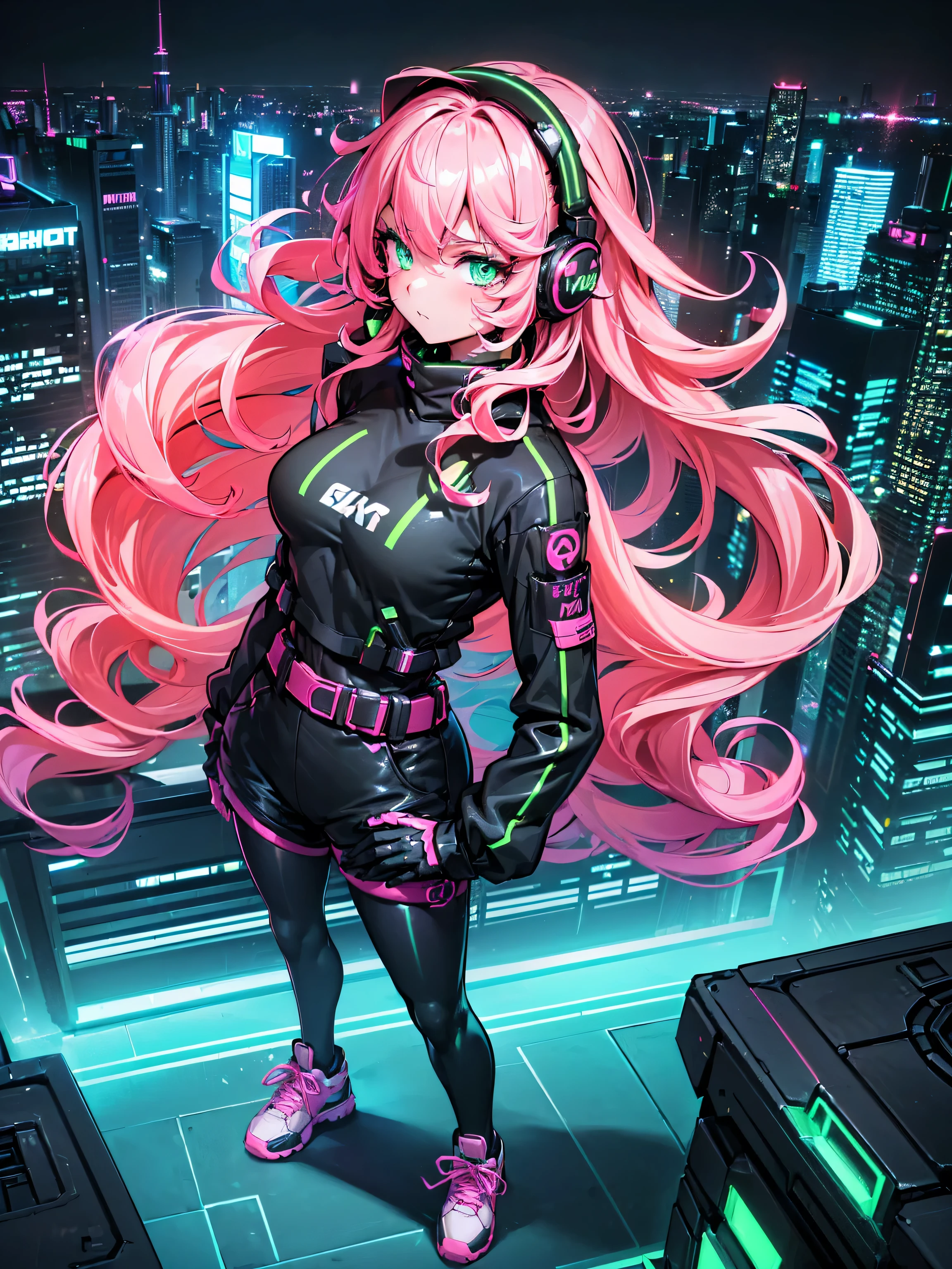 masterpiece:1.4, 1girl ((20year old, dressed in long sleeve shirt, tight black shorts, sneakers, medium breasts, multicolor pink hair, curly long hair, green eyes:1.4, Wearing headphones, badass, standing on a balcony looking out at city:1.1 sci-fi skyline in background:1.1, neon and energetic atmosphere:1.2)) ((nighttime) ((wide camera angle, top view)) ((solo:1.6))