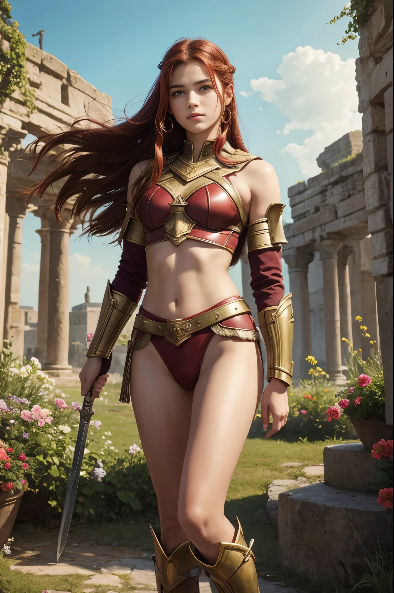 teen girl, roman warrior, princess blade, , teenager girl, small breasts, mini cropped, valkyrian princess, red-haired, detailed face, beautiful, confiant, background in United Kingdon land with flowers, full body