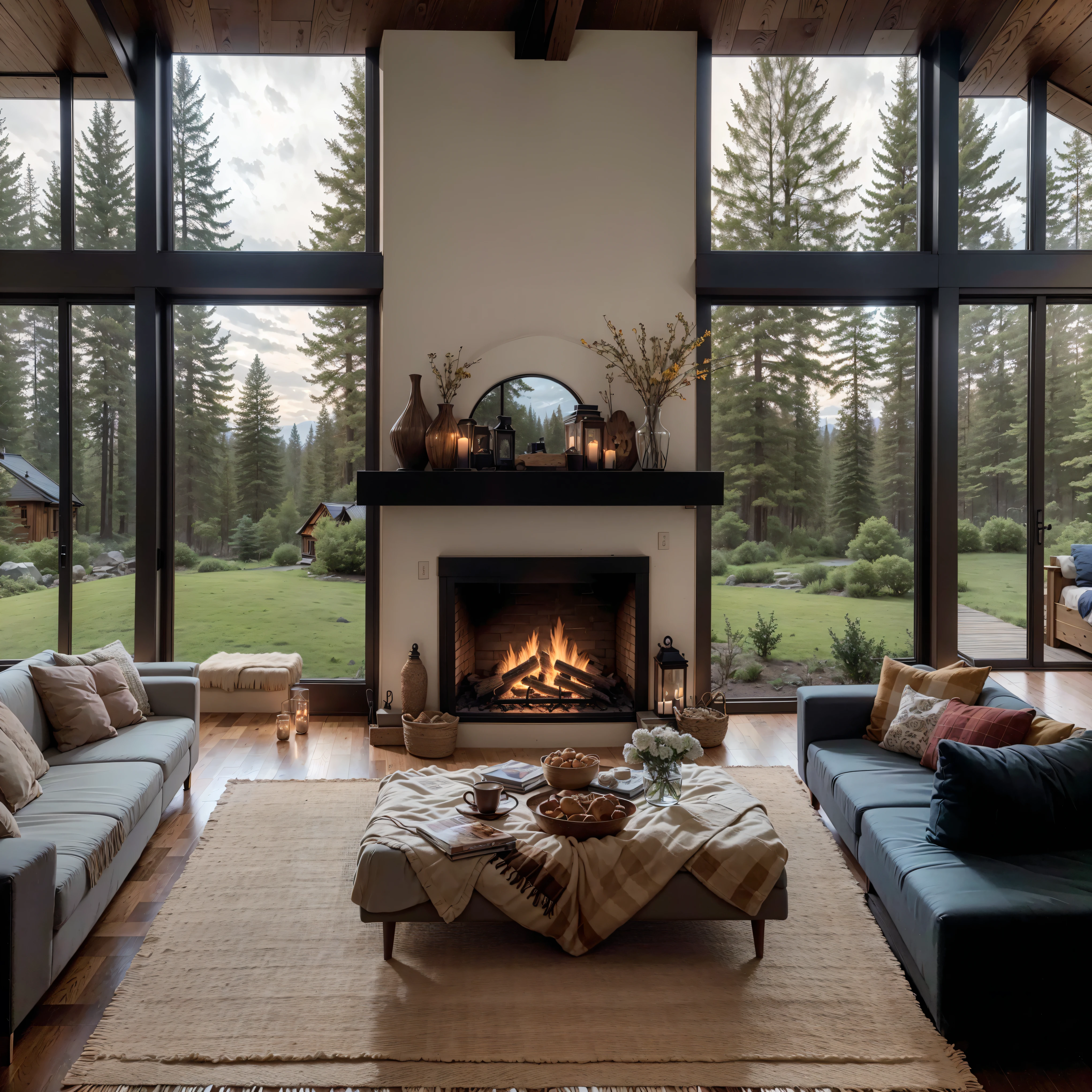 THIS EVENING WOODEN CABIN LIVING ROOM ANIME BACKGROUND, (COZY ATMOSPHERE), (SUBTLE LIGHTING), BRIGHT STONE FIREPLACE FIRE, LIONSKIN RUG THIS EVENING BEST QUALITY, TRANSPARENT GLASS WINDOWS